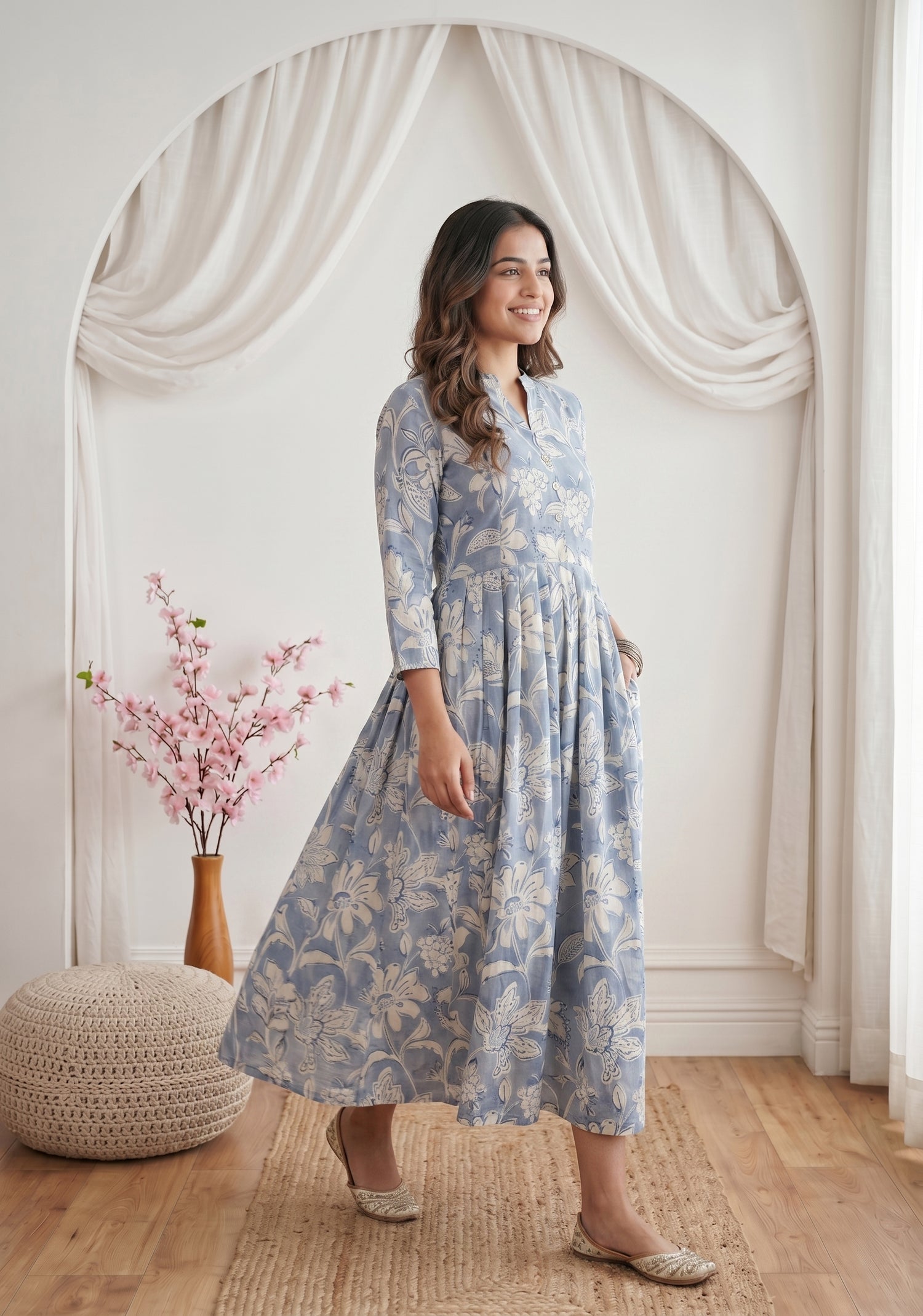 Classic Delight Blue Printed Maternity and Feeding Dress