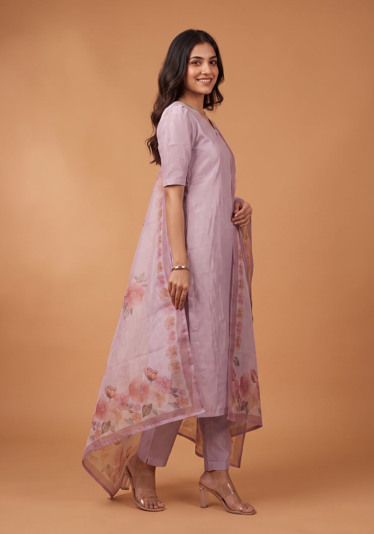 Lilac Blossom 3 Piece Crush Silk Blend Hand-Embroidered Kurta with Pant &amp; Dupatta