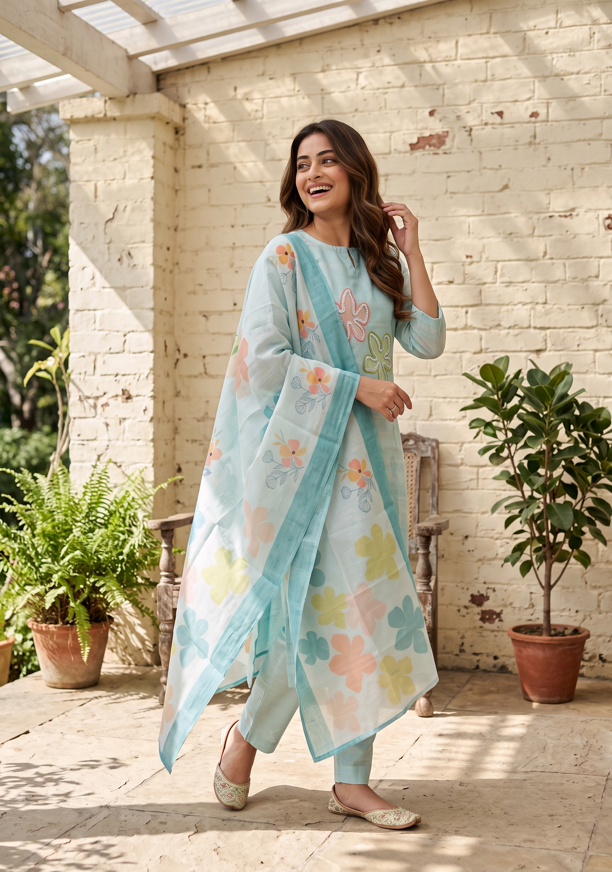 Blueish Blue 3 Piece Tussar Silk Blend Printed Hand-Embroidered Kurta with Pant &amp; Dupatta