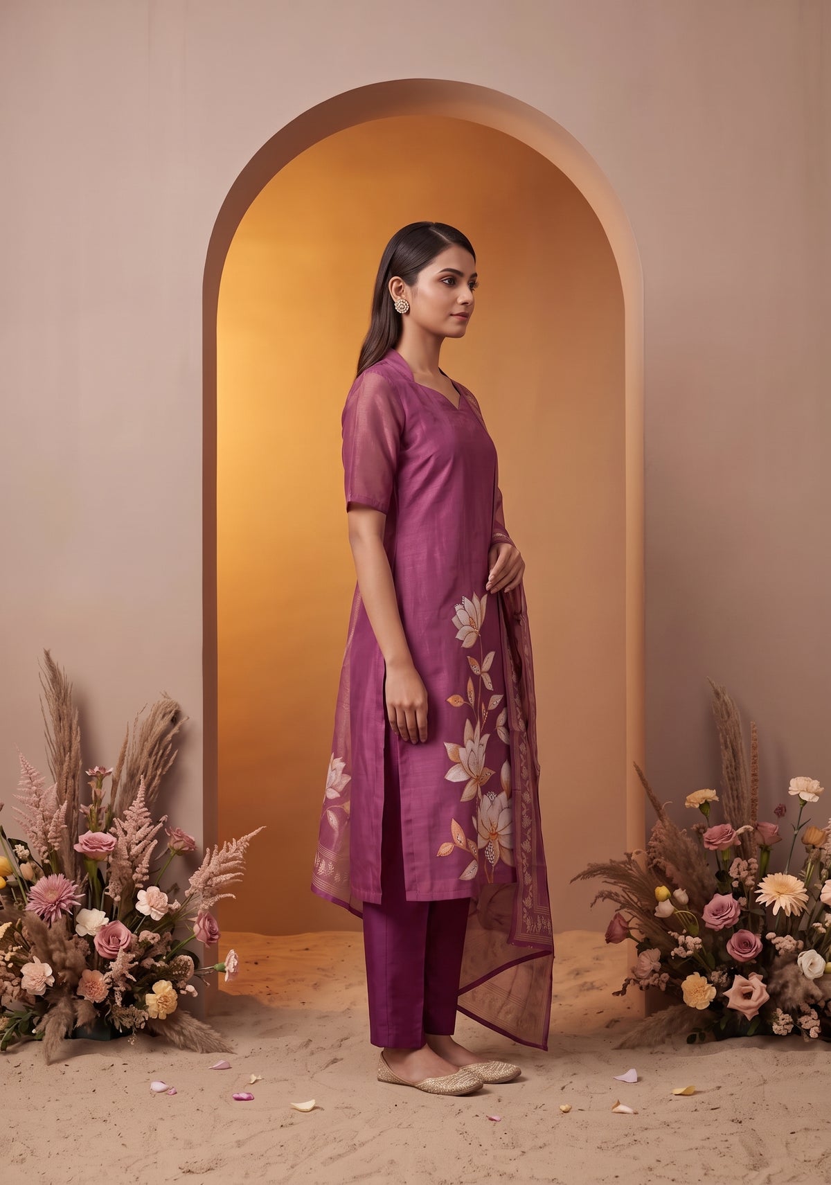 Niloufer Pink printed 2 Piece Muslin Shimmer Silk Kurta with Dupatta