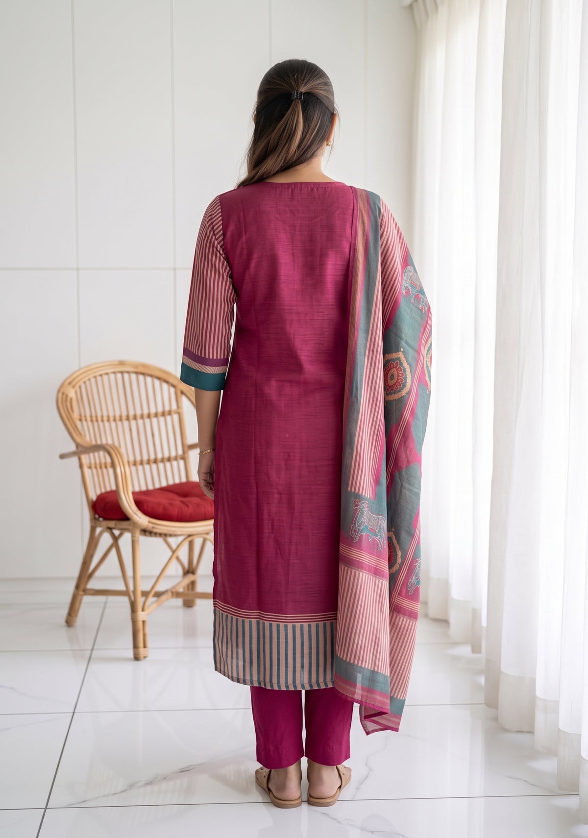Rustic Grace Red 2 Piece Shimmer Tissue Blend Placement Printed Kurta with Dupatta