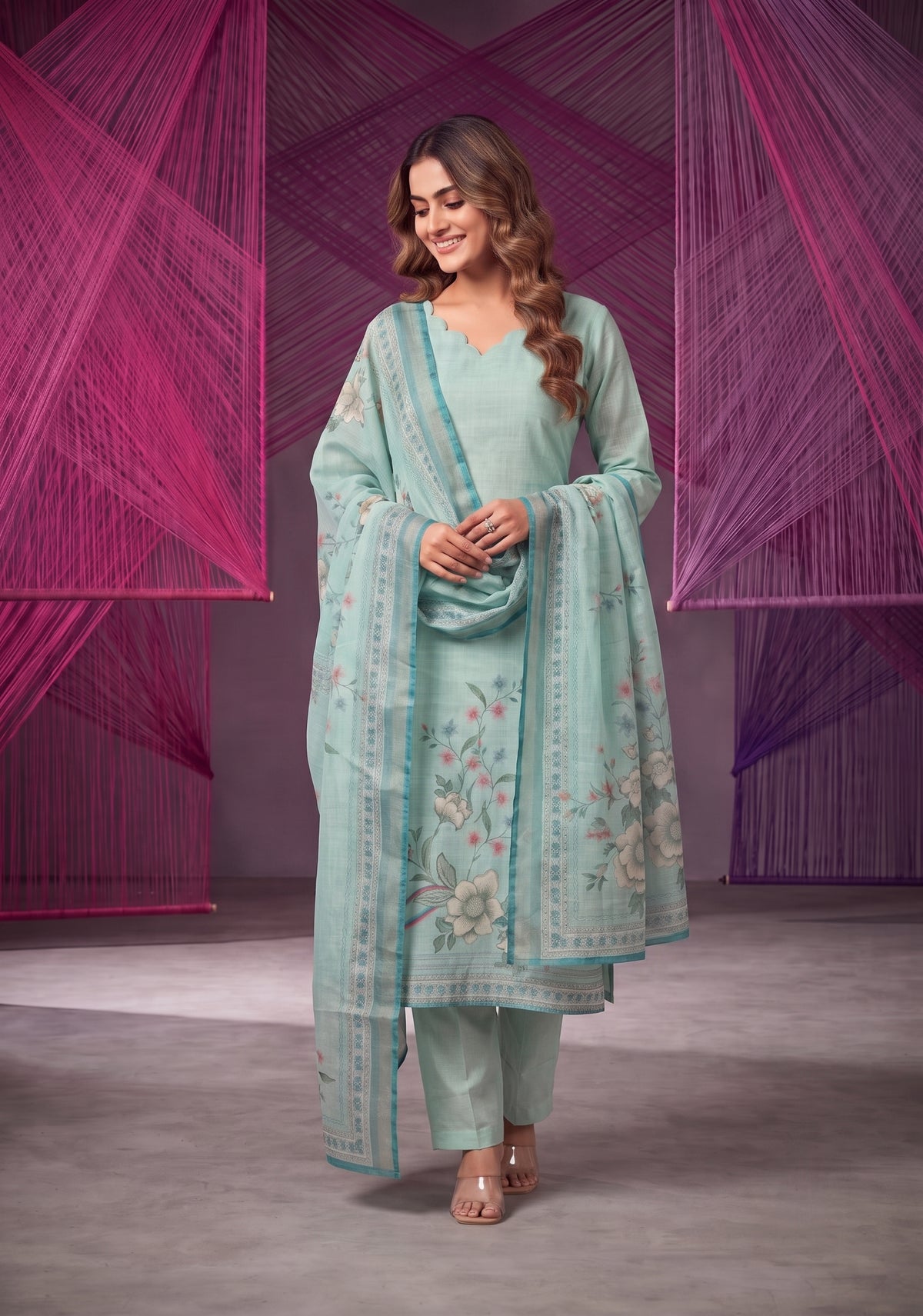 Tharisa Greyish Blue 3 Piece Shimmer Tissue Blend Placement Printed Kurta with Pant &amp; Dupatta