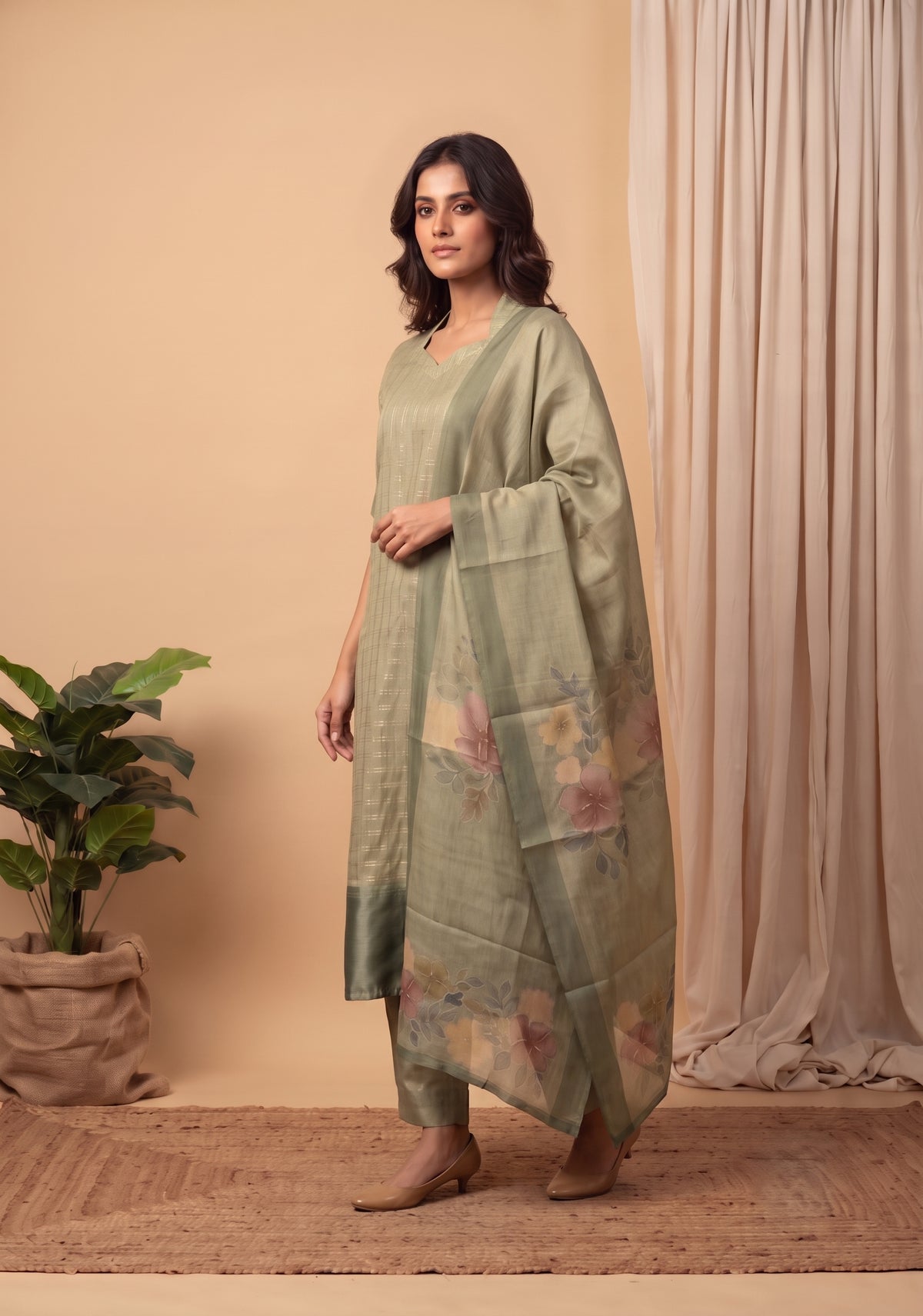 Olive Green 3 Piece Tussar Silk Printed Kurta Set with Dupatta