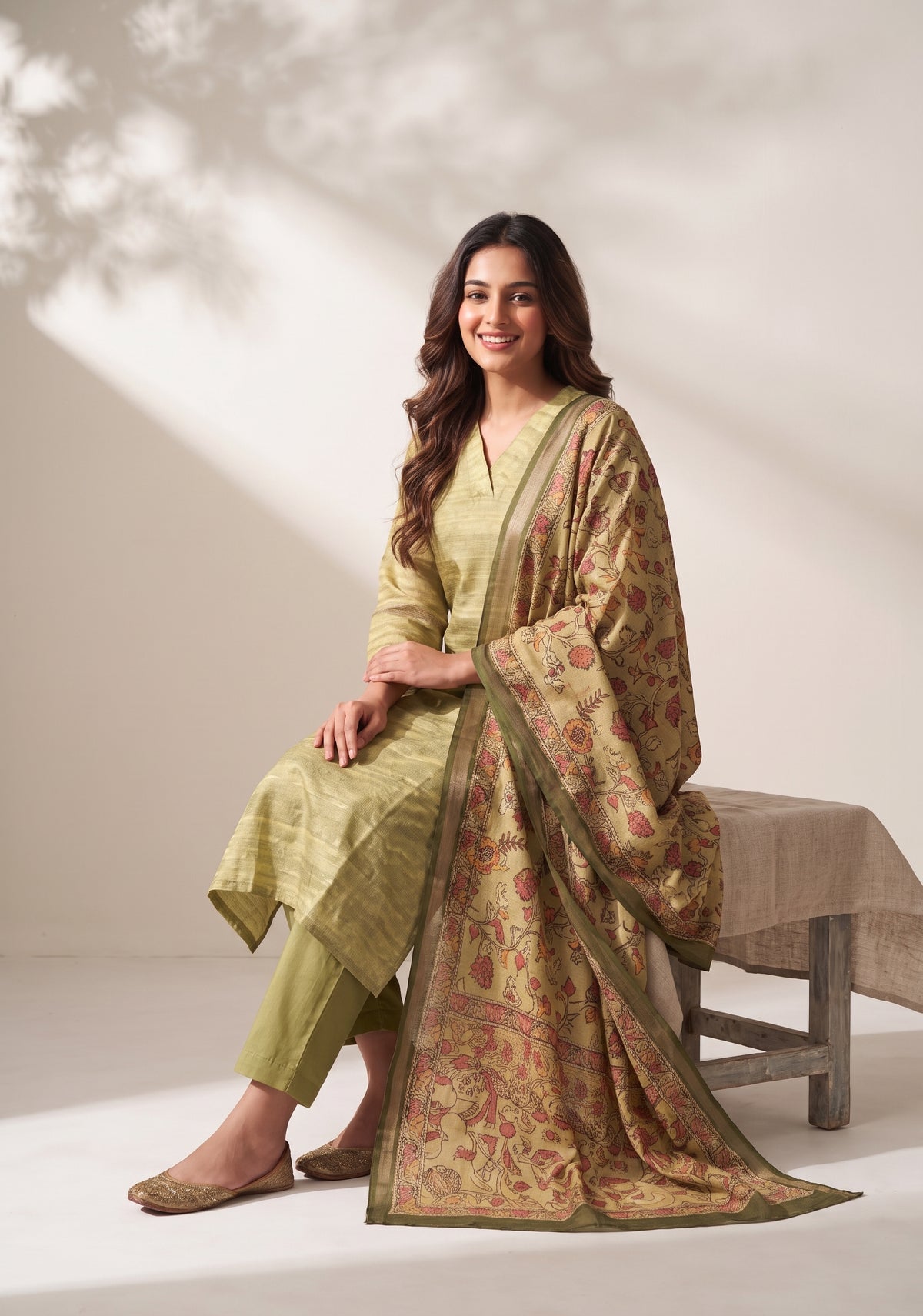 Tanira Green 3-Piece Tussar Silk Blend Floral Printed Kurta with Pant &amp; Dupatta
