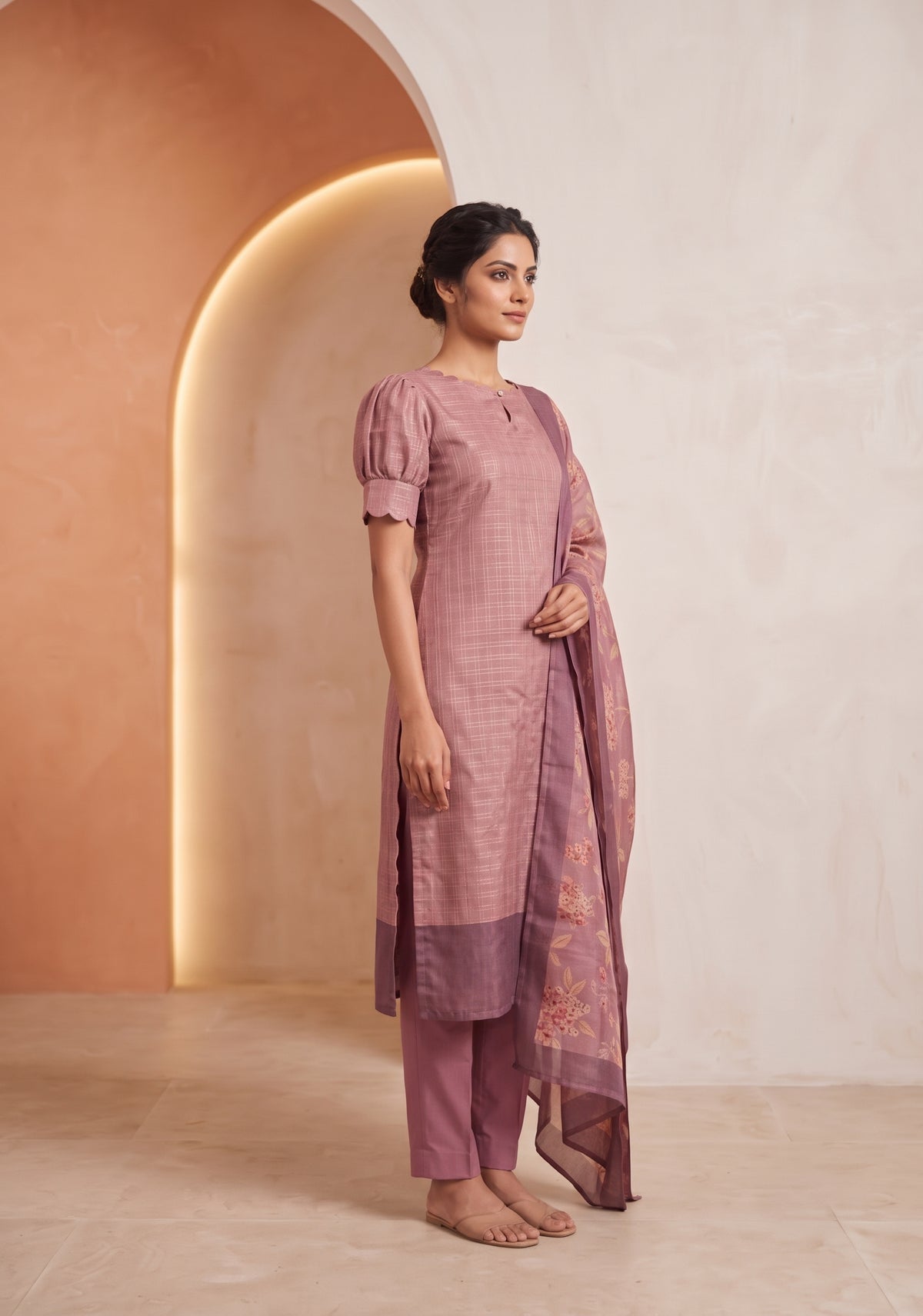 Dusky Pink Satin Daman 3 Piece Silk Check Blend Floral Printed Kurta with Pant &amp; Dupatta