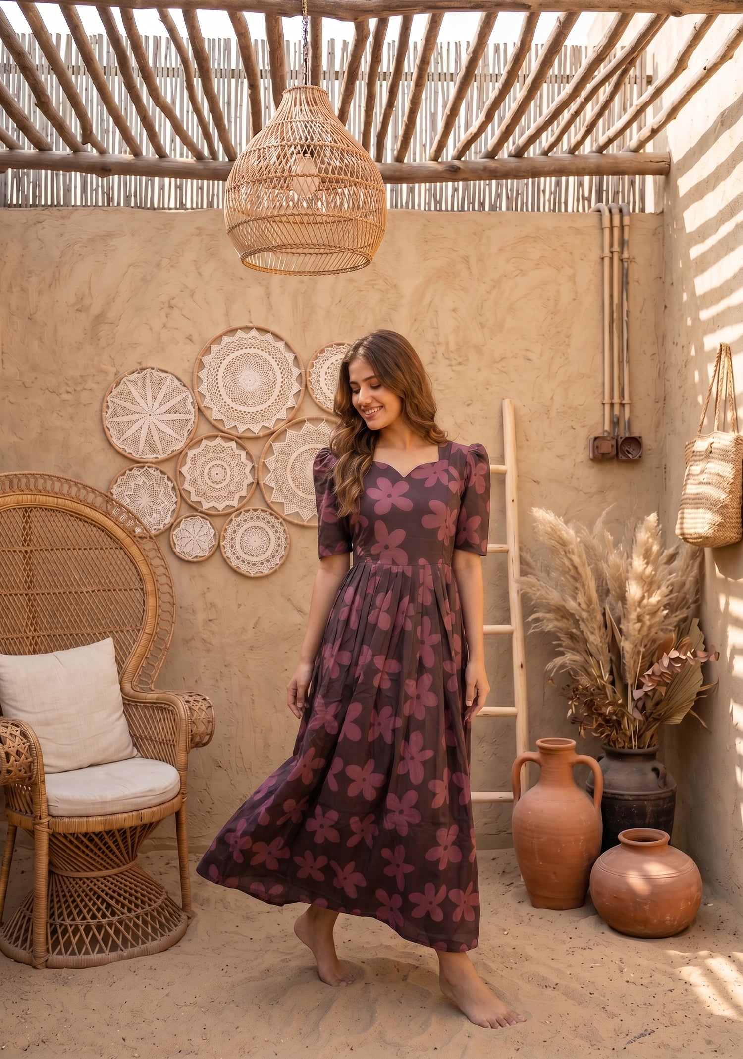 Dark Smoky Bloom Brown Printed Maternity and Feeding Maxi Wear