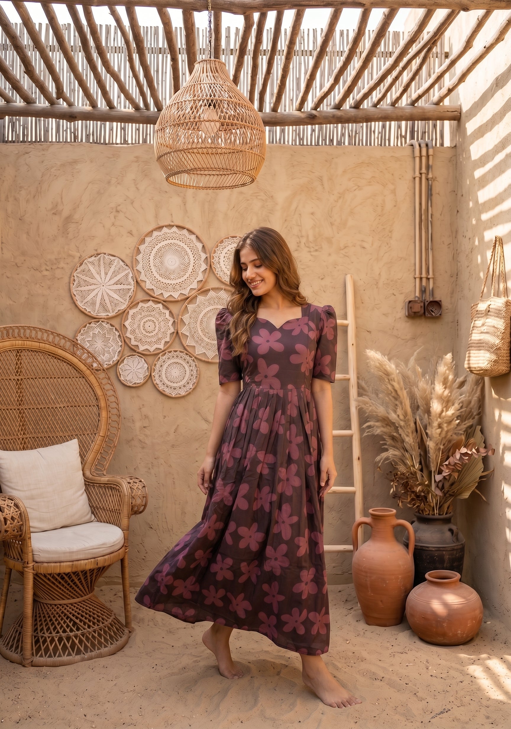 Dark Smoky Bloom Brown Printed Maternity and Feeding Maxi Wear