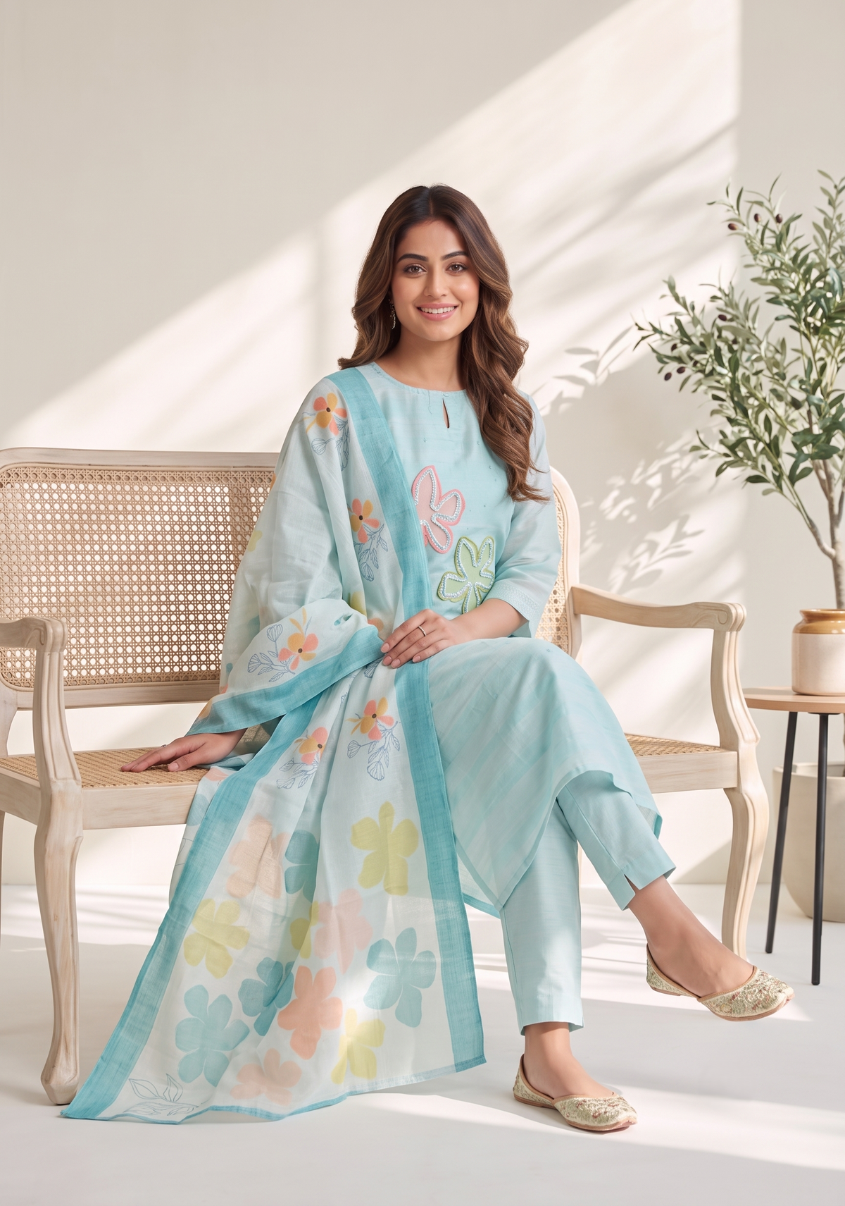 Blueish Blue 3 Piece Tussar Silk Blend Printed Hand-Embroidered Kurta with Pant &amp; Dupatta