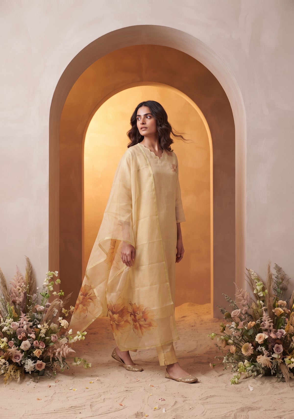 Mimsa Yellow Shimmer Tissue Kurta Set with Dupatta