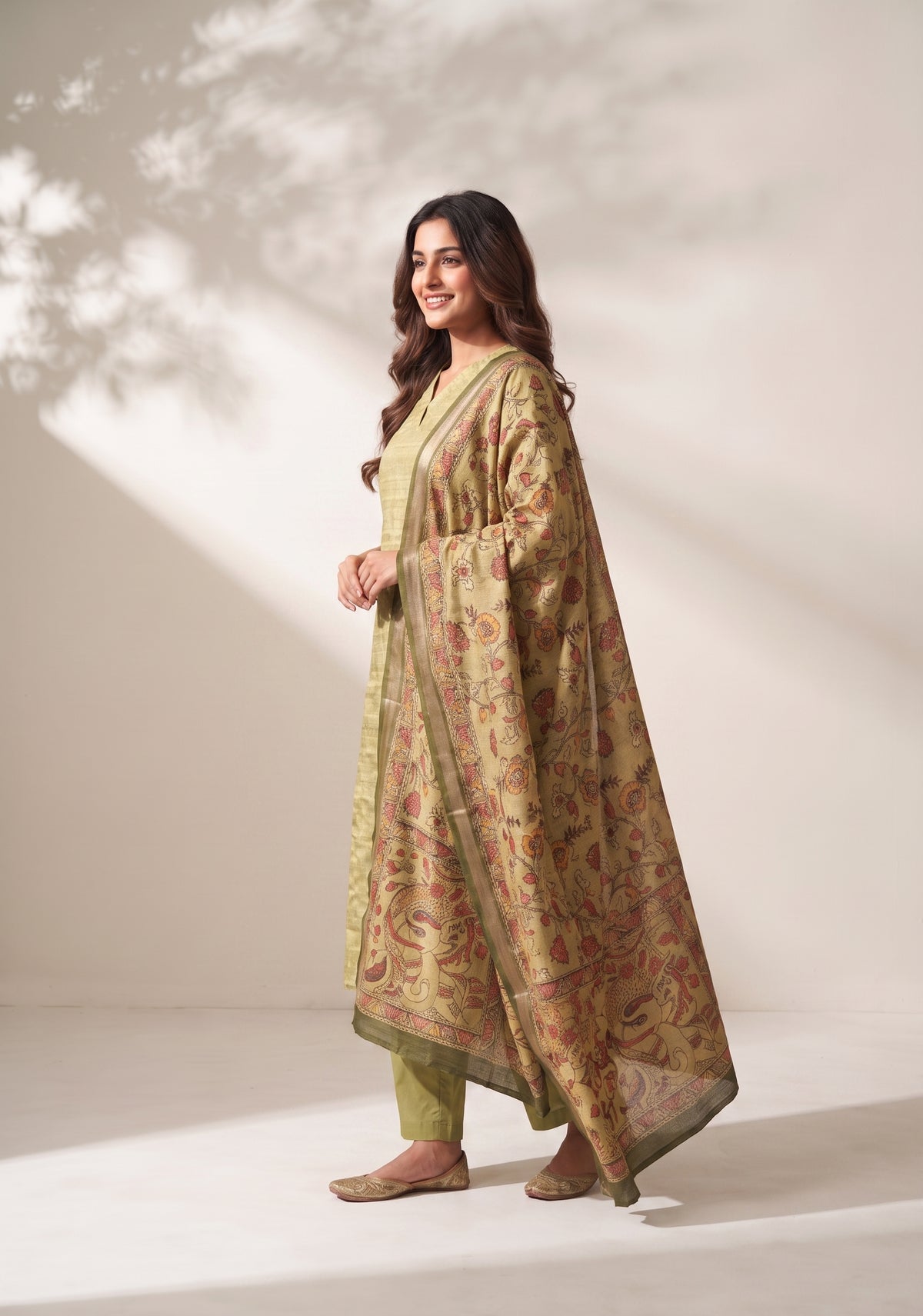 Tanira Green 3-Piece Tussar Silk Blend Floral Printed Kurta with Pant &amp; Dupatta