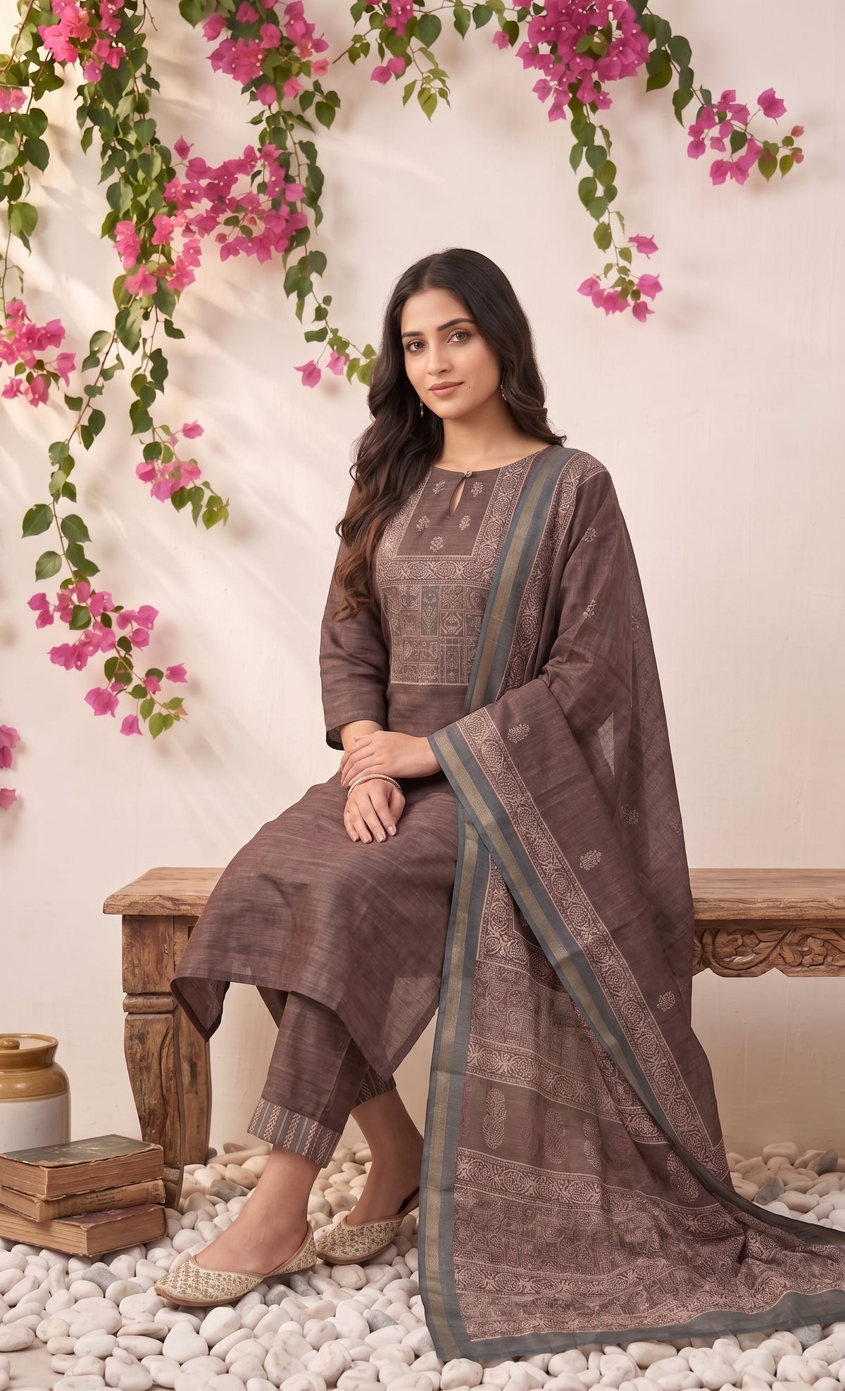 Tanira Brown printed 2 Piece Khata Silk Kurta with Dupatta