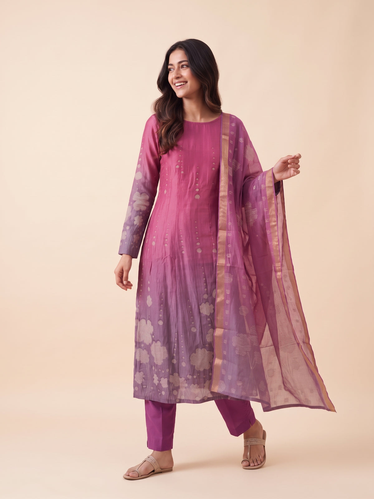 Rosy Muse Printed 2 Piece Bombay Silk Blend Kurta with Dupatta
