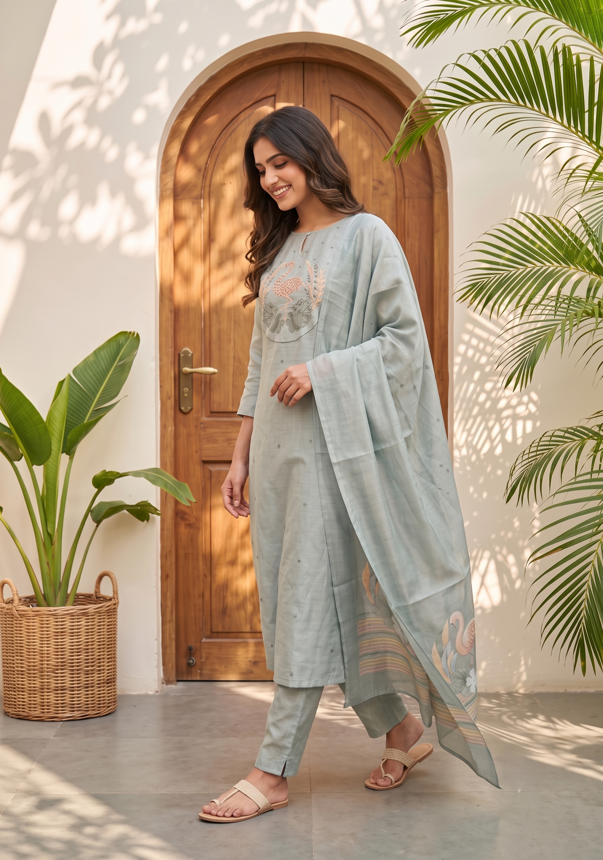 Swanstone Grey Embroidered Tussar Silk Kurta Set