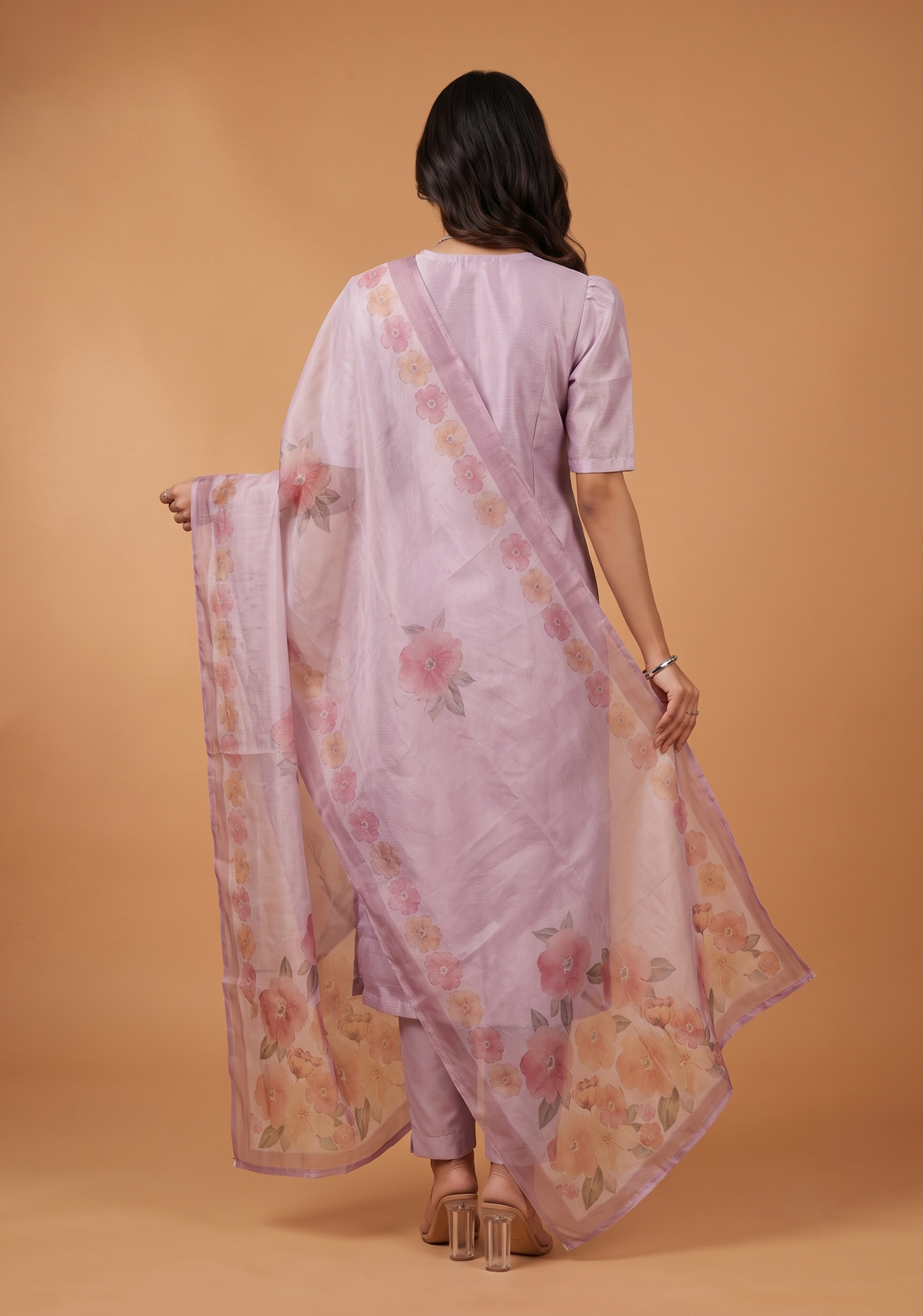Lilac Blossom 3 Piece Crush Silk Blend Hand-Embroidered Kurta with Pant &amp; Dupatta