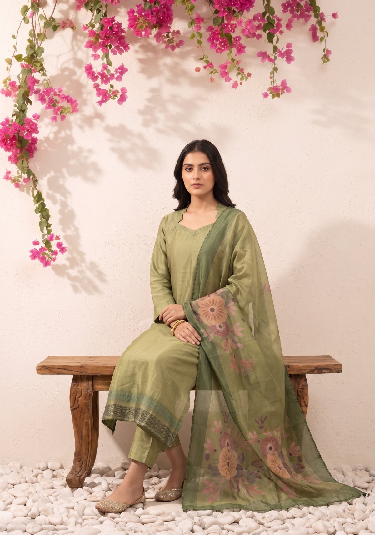 Matcha Bloom 3 Piece Tussar Silk Printed Kurta Set with Dupatta