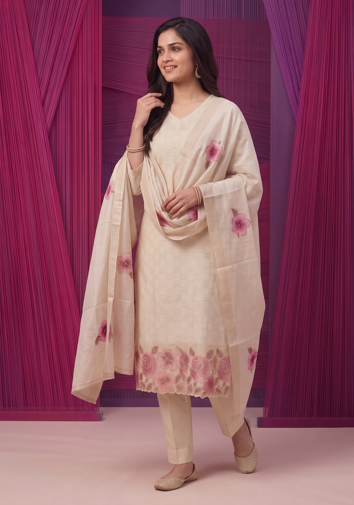 Rosvika Pearl Printed Tussar Checks Kurta Set with Dupatta