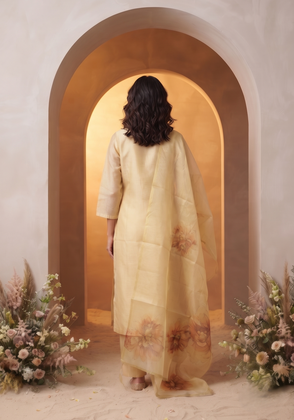 Mimsa Yellow Shimmer Tissue Kurta Set with Dupatta