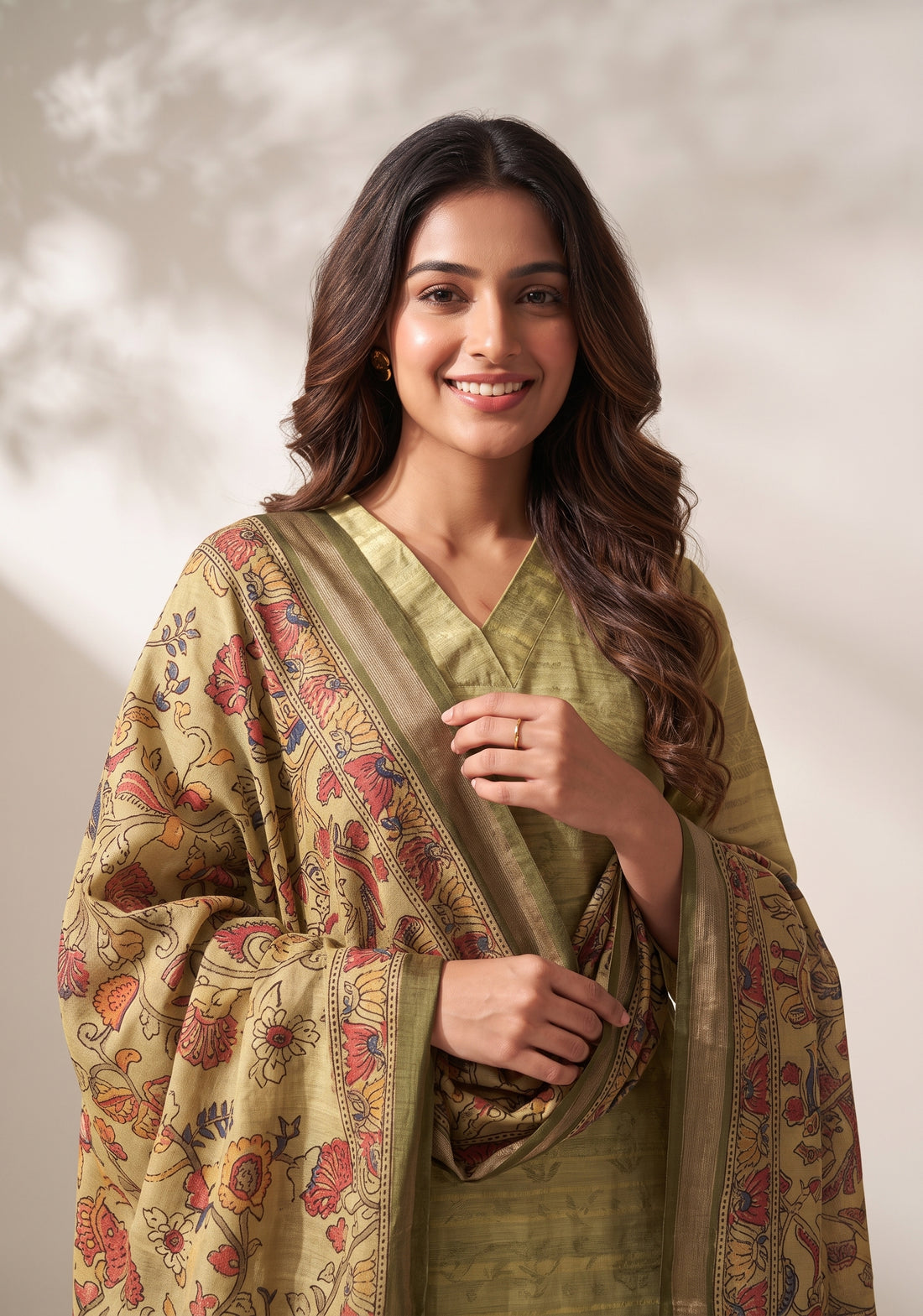 Tanira Green 3-Piece Tussar Silk Blend Floral Printed Kurta with Pant &amp; Dupatta