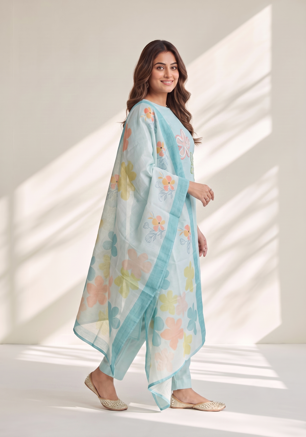 Blueish Blue 3 Piece Tussar Silk Blend Printed Hand-Embroidered Kurta with Pant &amp; Dupatta