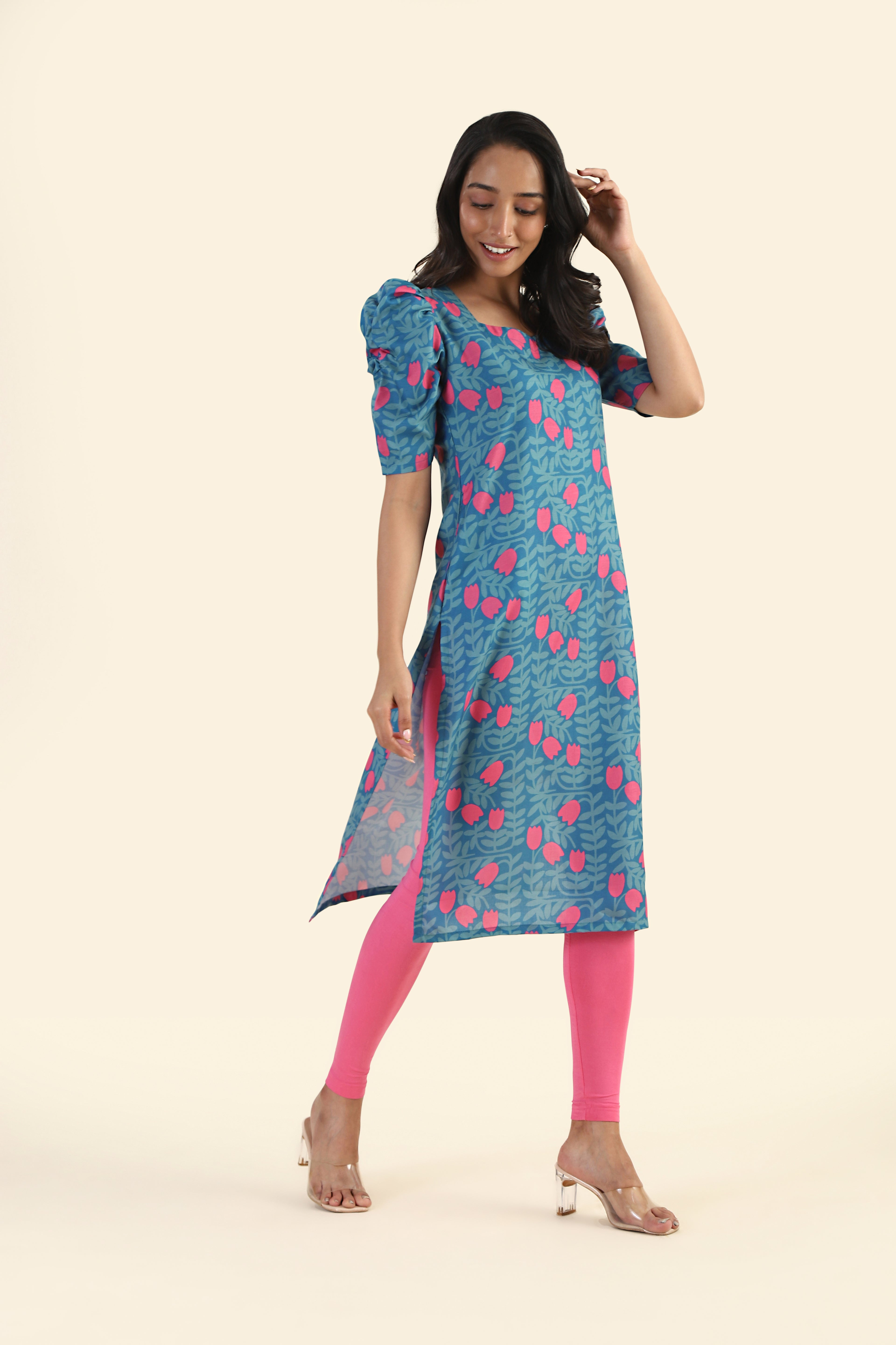 Dusky Blue Tulip Twilight Printed Viscose Kurta