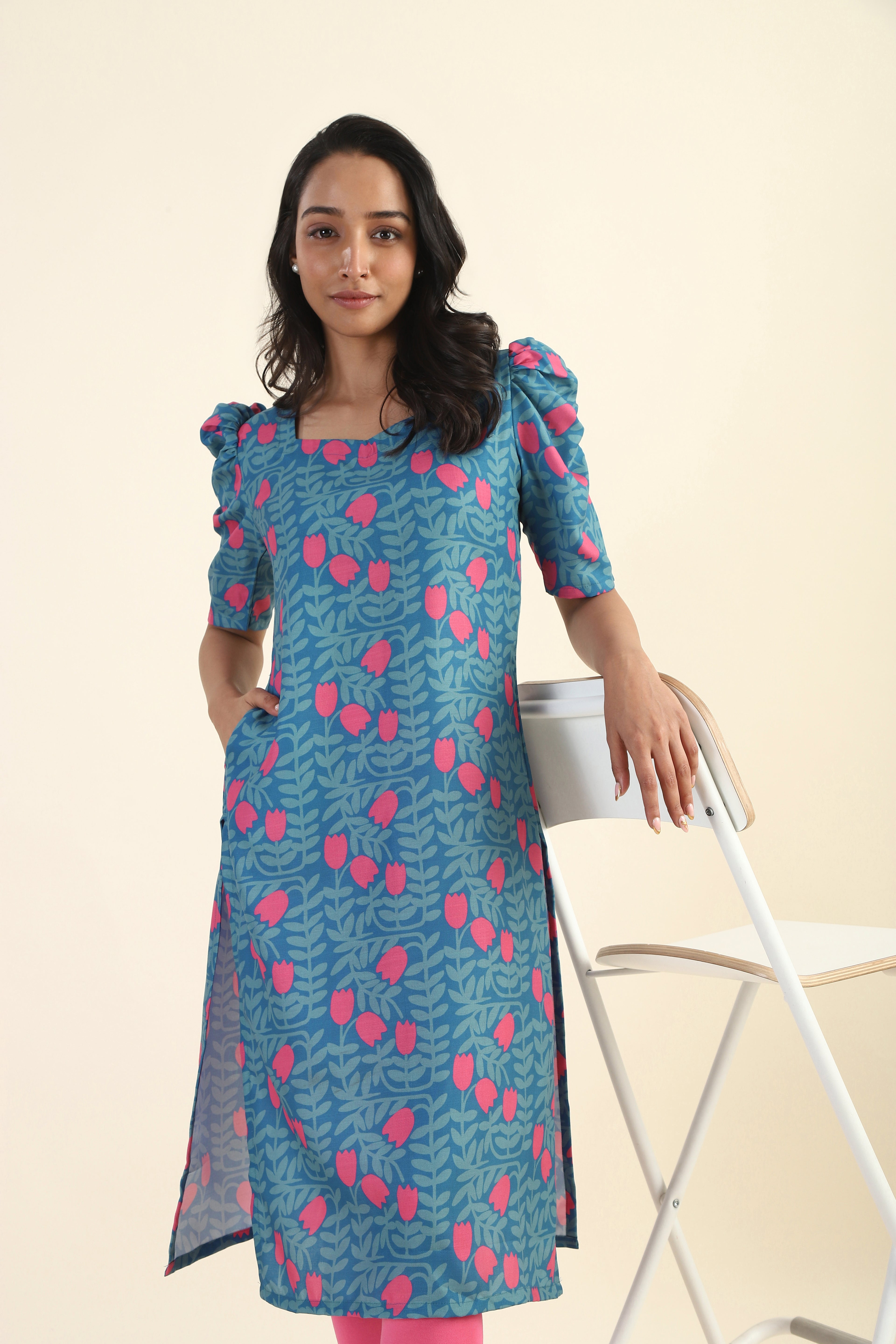 Dusky Blue Tulip Twilight Printed Viscose Kurta