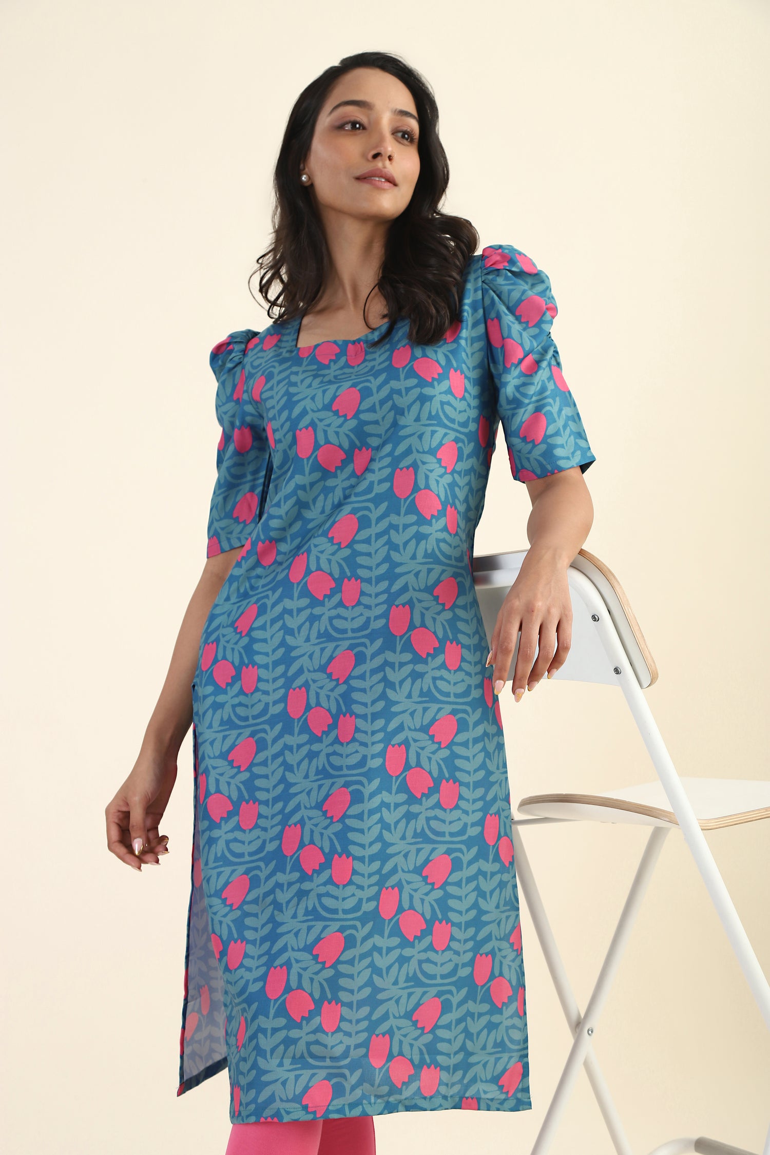 Dusky Blue Tulip Twilight Printed Viscose Kurta