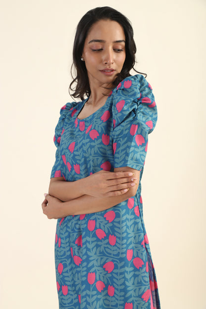 Dusky Blue Tulip Twilight Printed Viscose Kurta