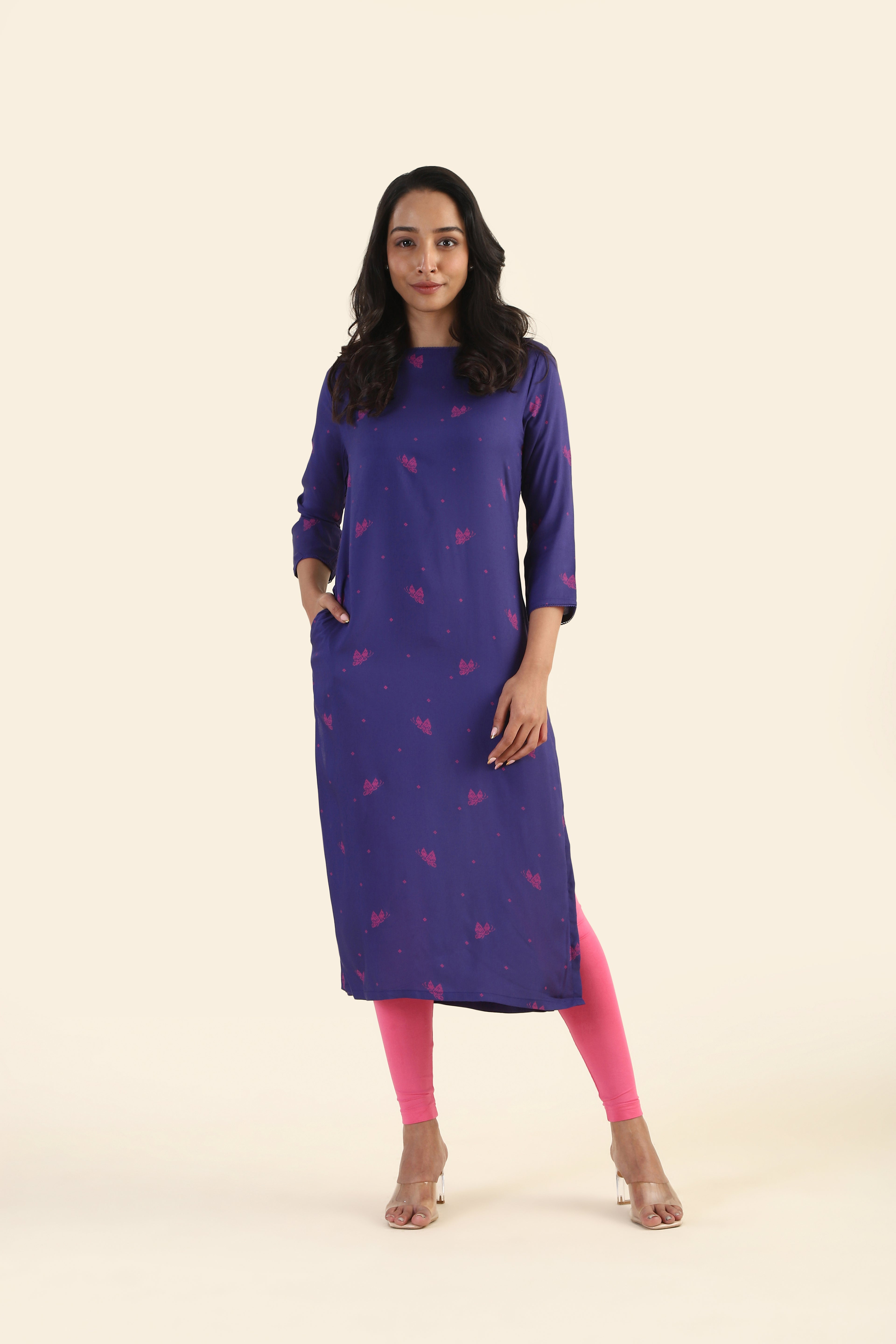 Violet with Pink Motif Butterbloom Viscose Printed Kurta