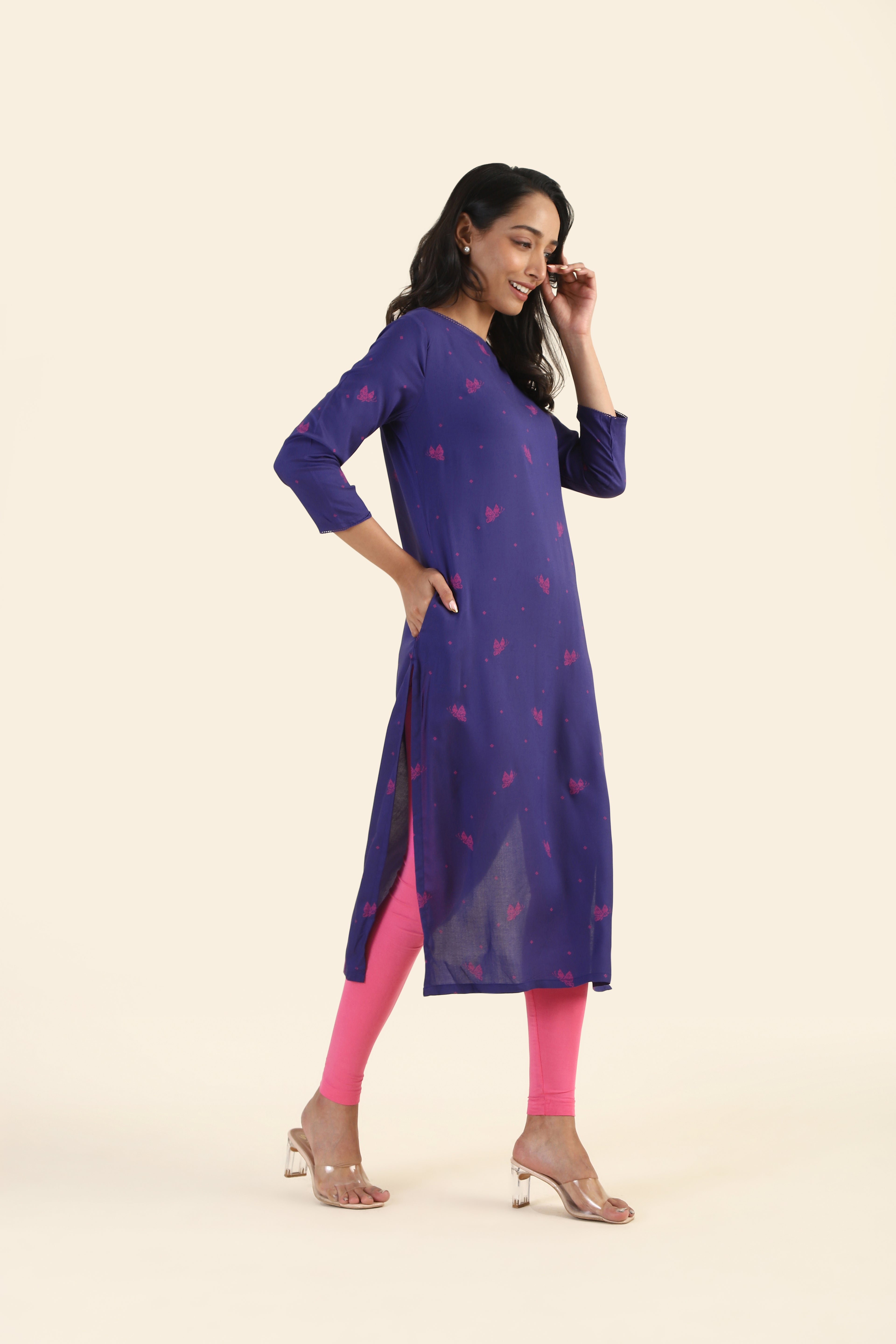 Violet with Pink Motif Butterbloom Viscose Printed Kurta
