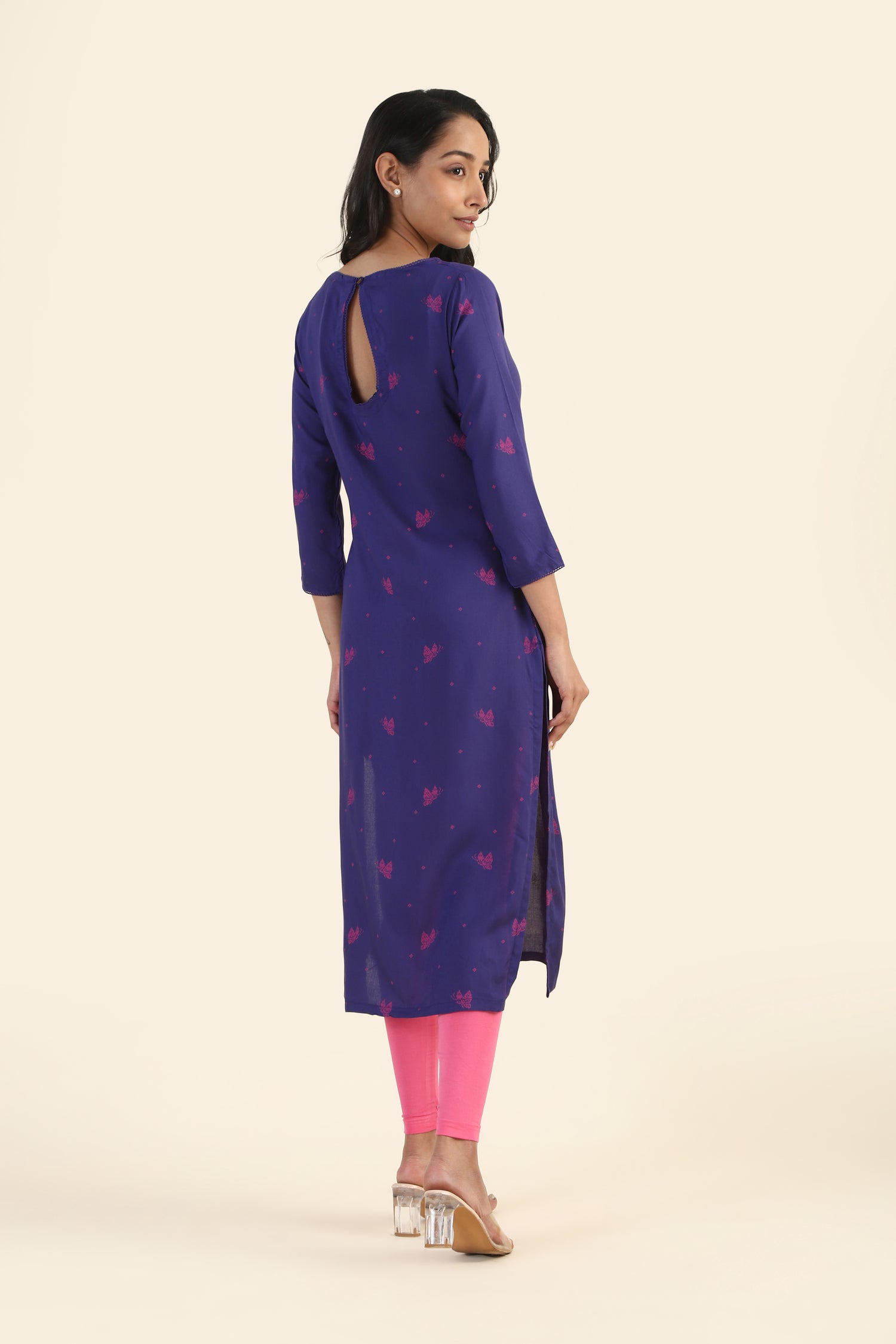 Violet with Pink Motif Butterbloom Viscose Printed Kurta
