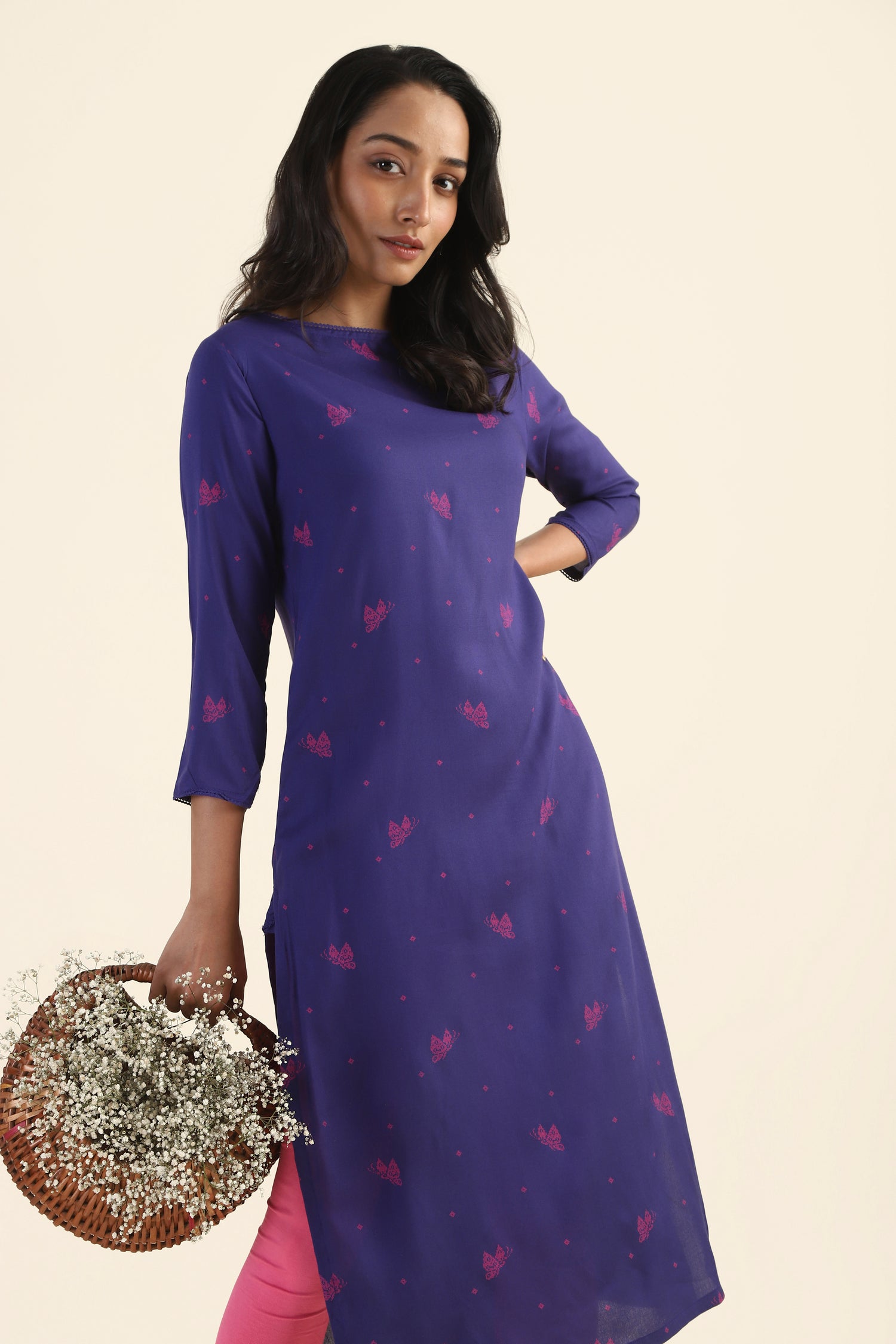 Violet with Pink Motif Butterbloom Viscose Printed Kurta