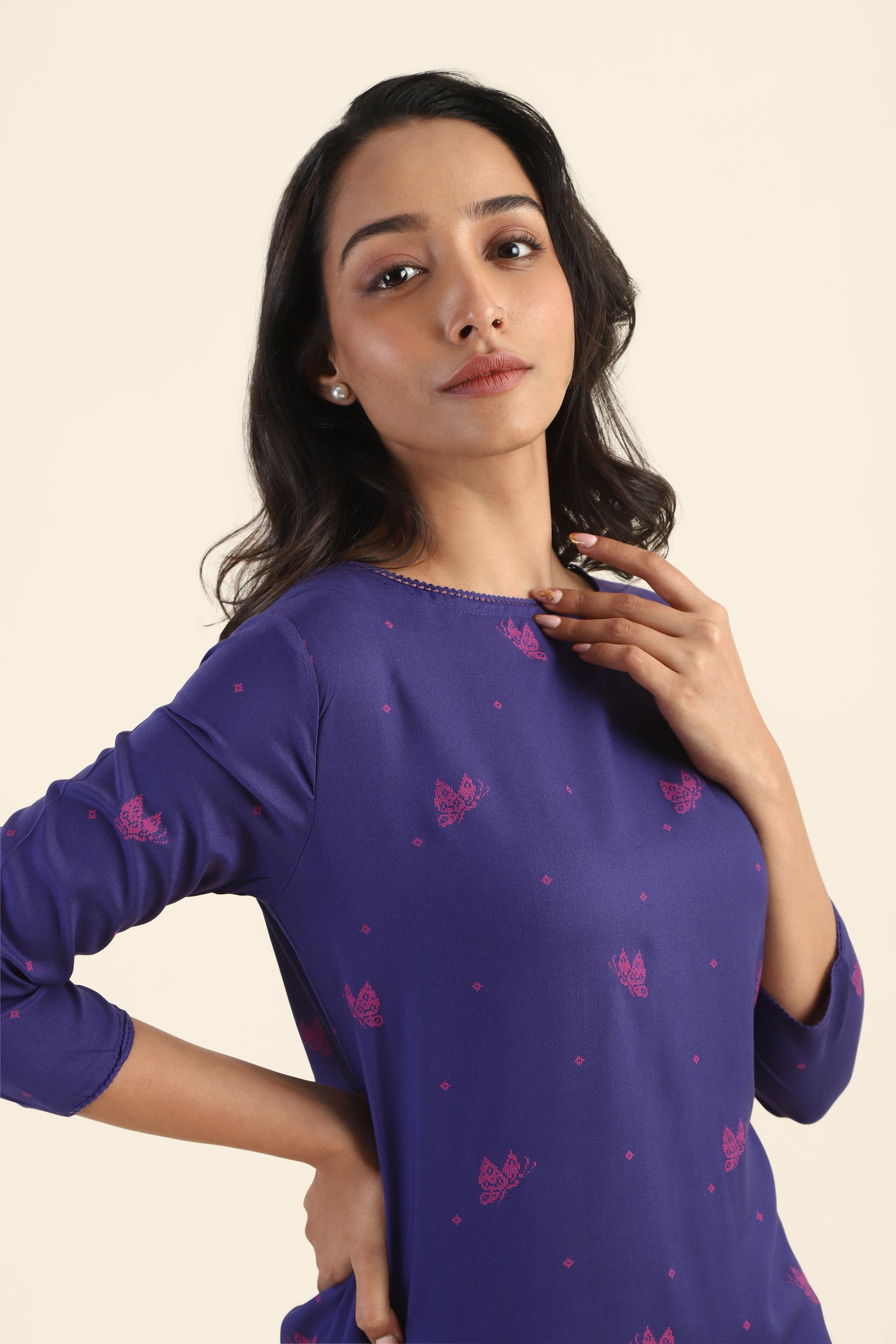 Violet with Pink Motif Butterbloom Viscose Printed Kurta