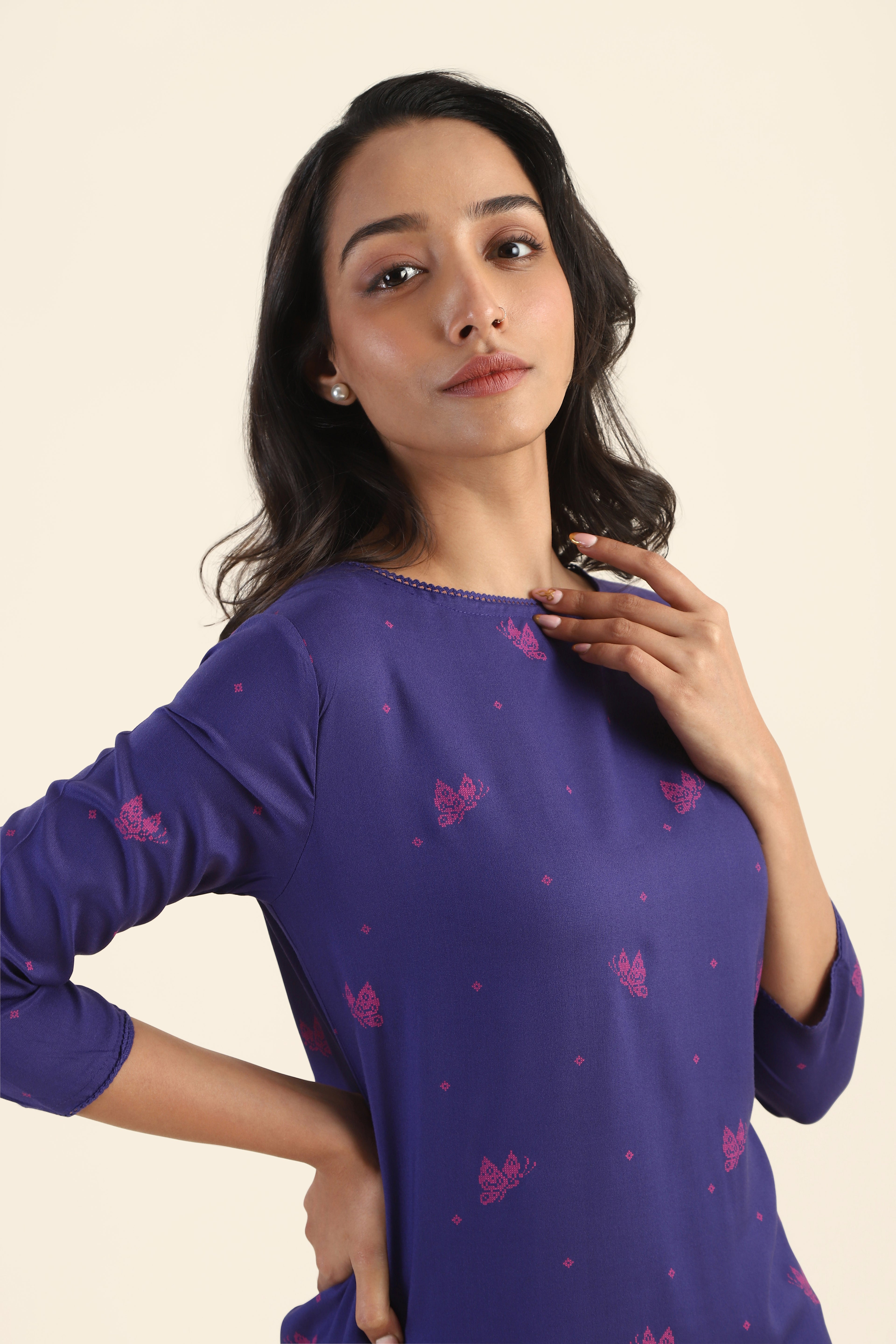 Violet with Pink Motif Butterbloom Viscose Printed Kurta