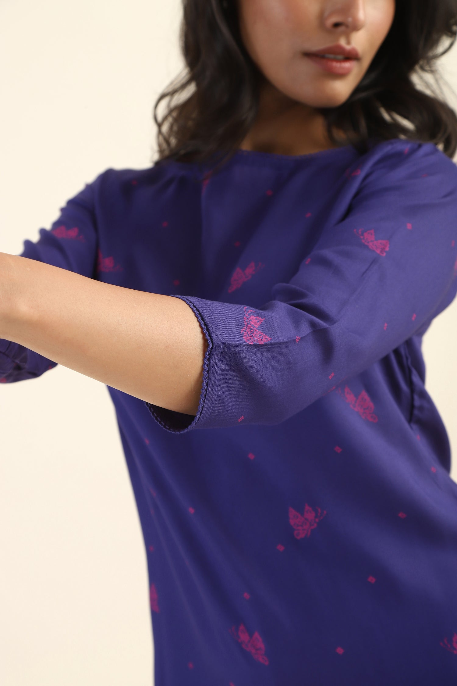 Violet with Pink Motif Butterbloom Viscose Printed Kurta