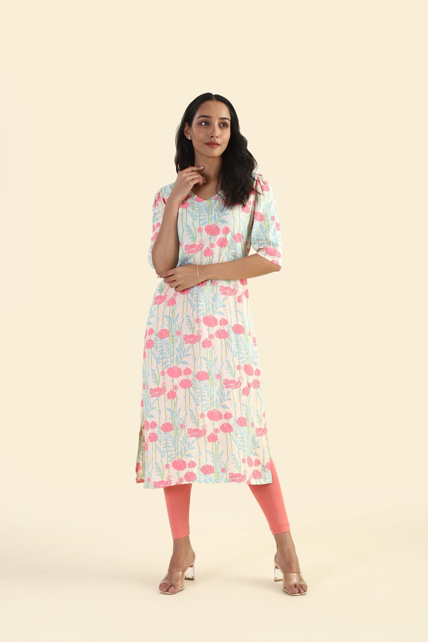 Cream Meadow Grace Viscose Printed Kurta
