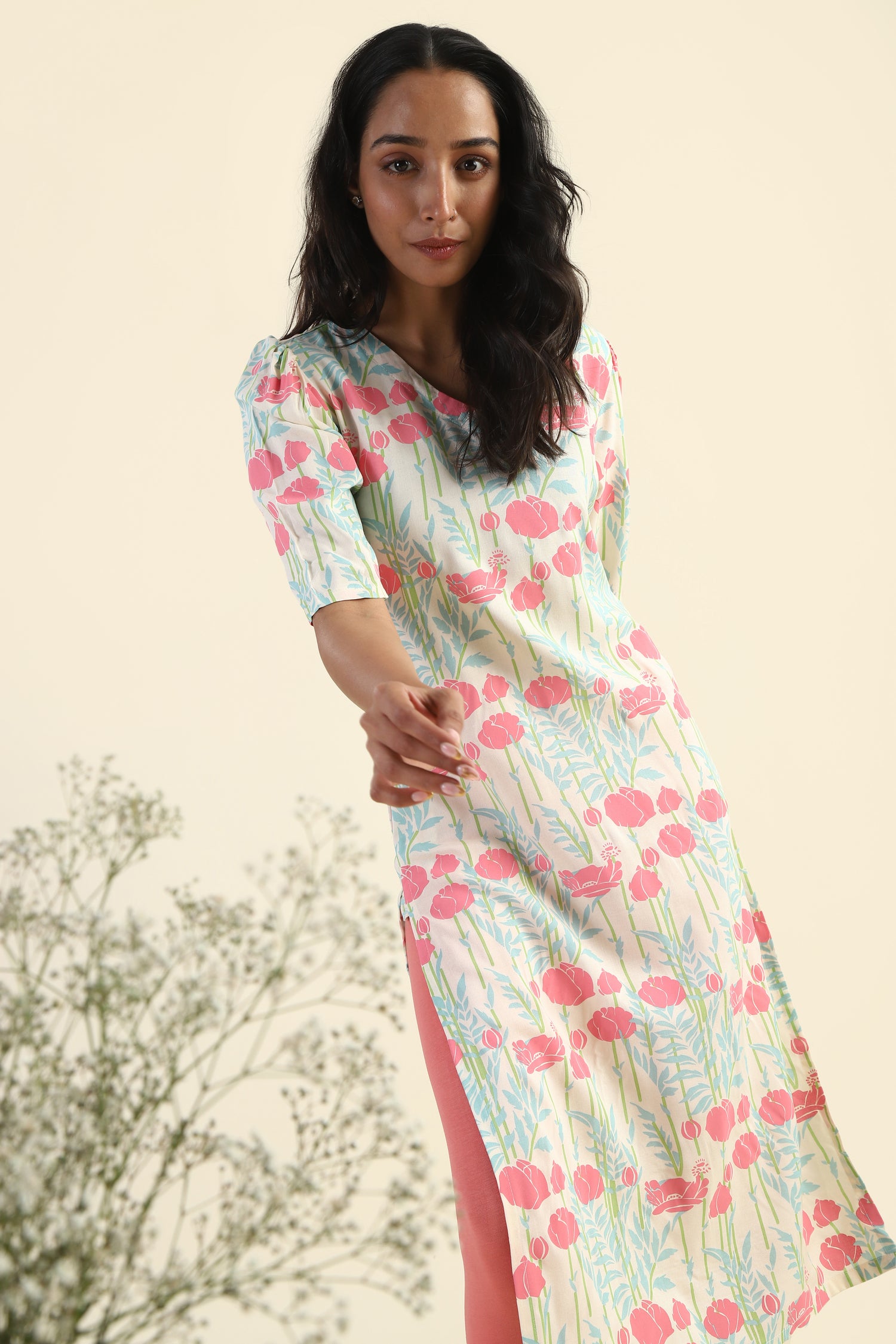 Cream Meadow Grace Viscose Printed Kurta