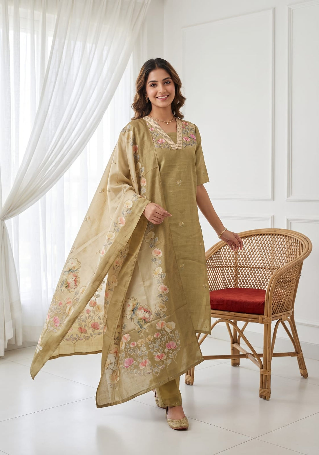 Classic Natural Yellow 3-Piece Tussar Silk Blend Floral Hand-Embroidered Kurta with Pant &amp; Dupatta