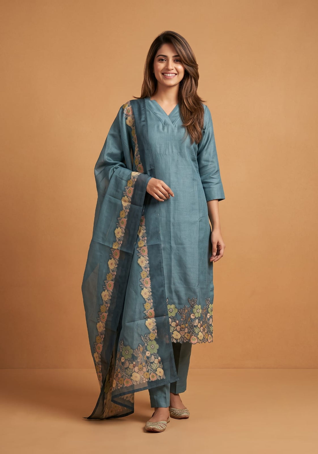 Nocturne Drift Embroidered 3 Piece Shimmer Tissue Blend Kurta Set with Dupatta