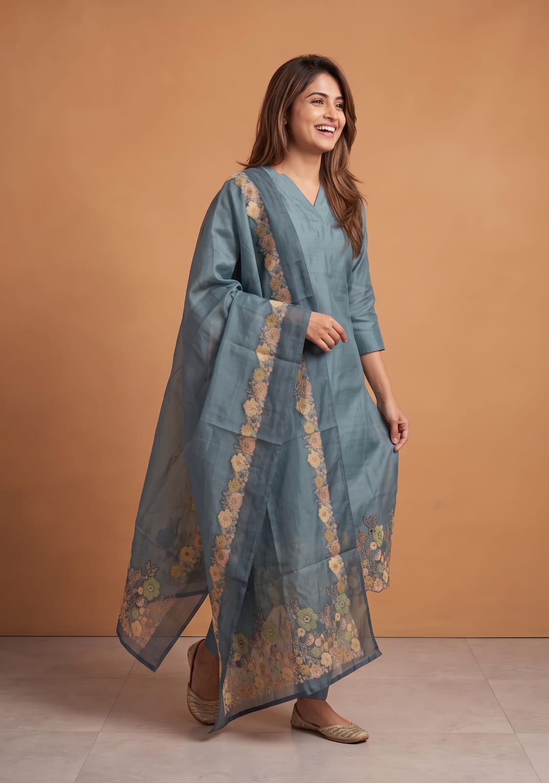 Nocturne Drift Embroidered 3 Piece Shimmer Tissue Blend Kurta Set with Dupatta
