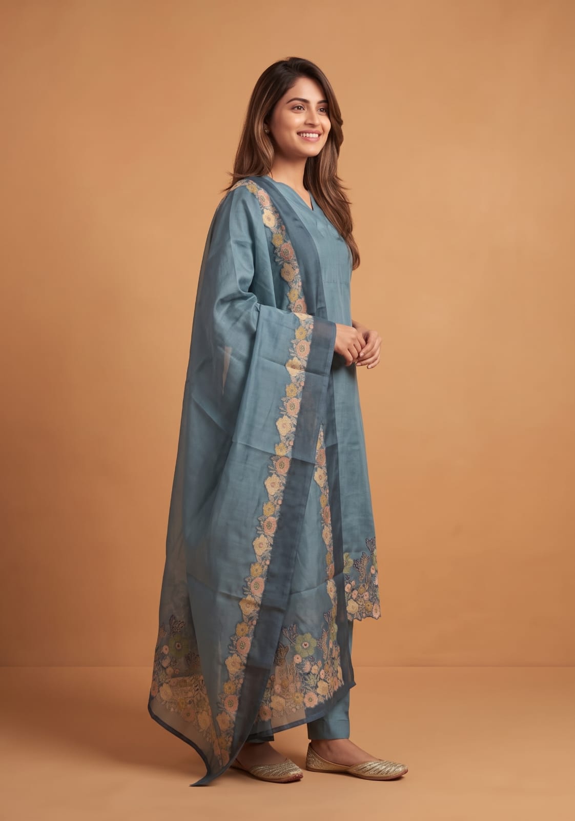 Nocturne Drift Embroidered 3 Piece Shimmer Tissue Blend Kurta Set with Dupatta