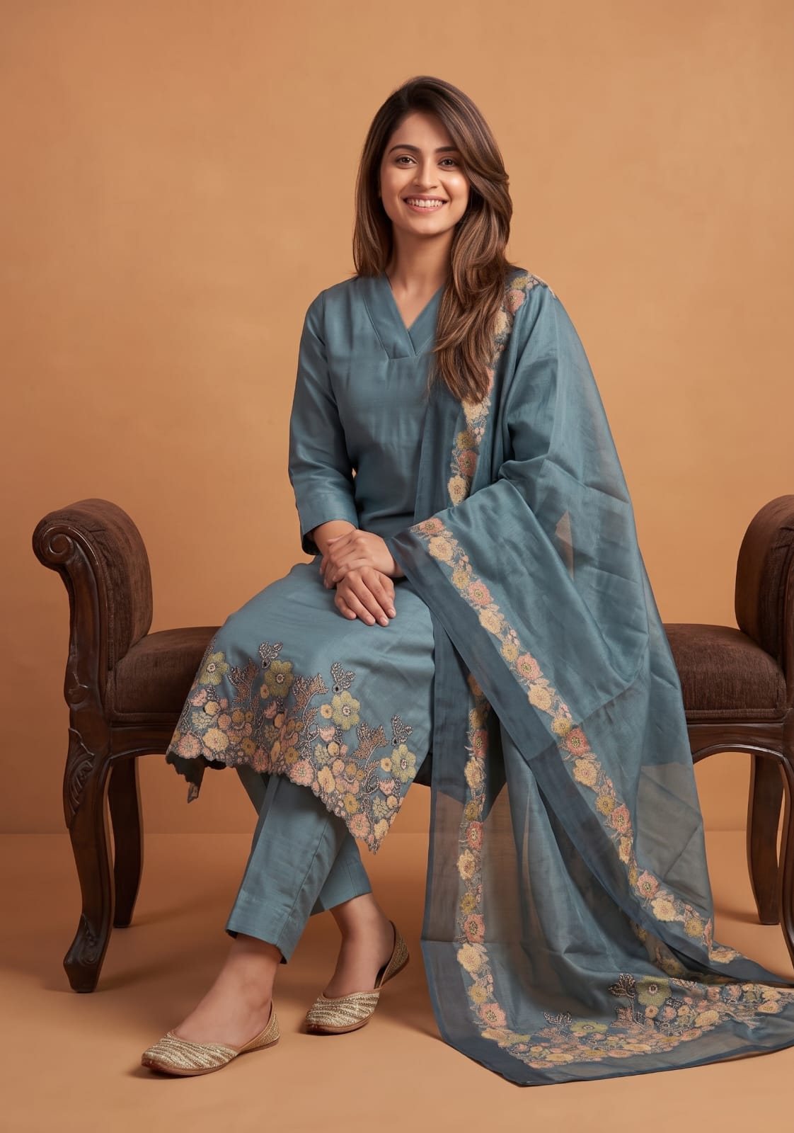 Nocturne Drift Embroidered 3 Piece Shimmer Tissue Blend Kurta Set with Dupatta