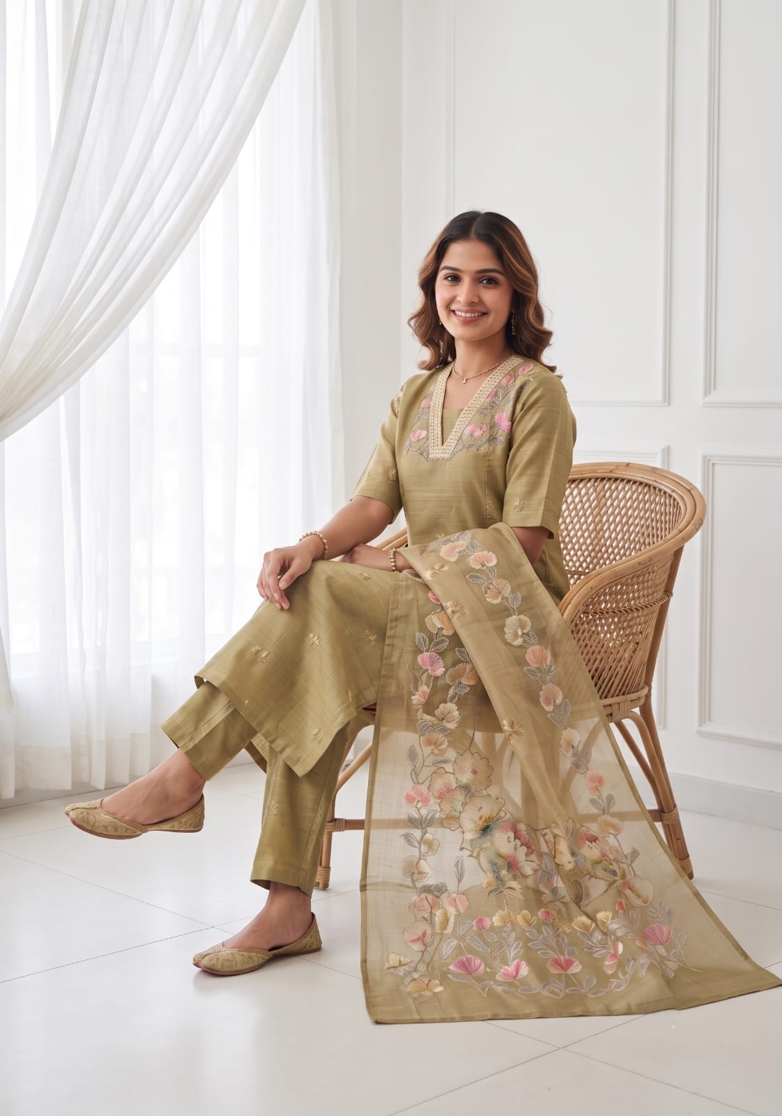 Classic Natural Yellow 3-Piece Tussar Silk Blend Floral Hand-Embroidered Kurta with Pant &amp; Dupatta