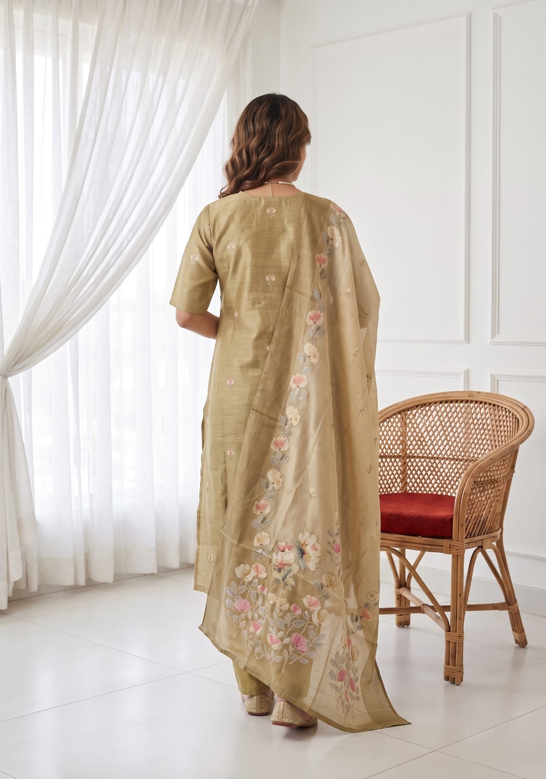 Classic Natural Yellow 3-Piece Tussar Silk Blend Floral Hand-Embroidered Kurta with Pant &amp; Dupatta