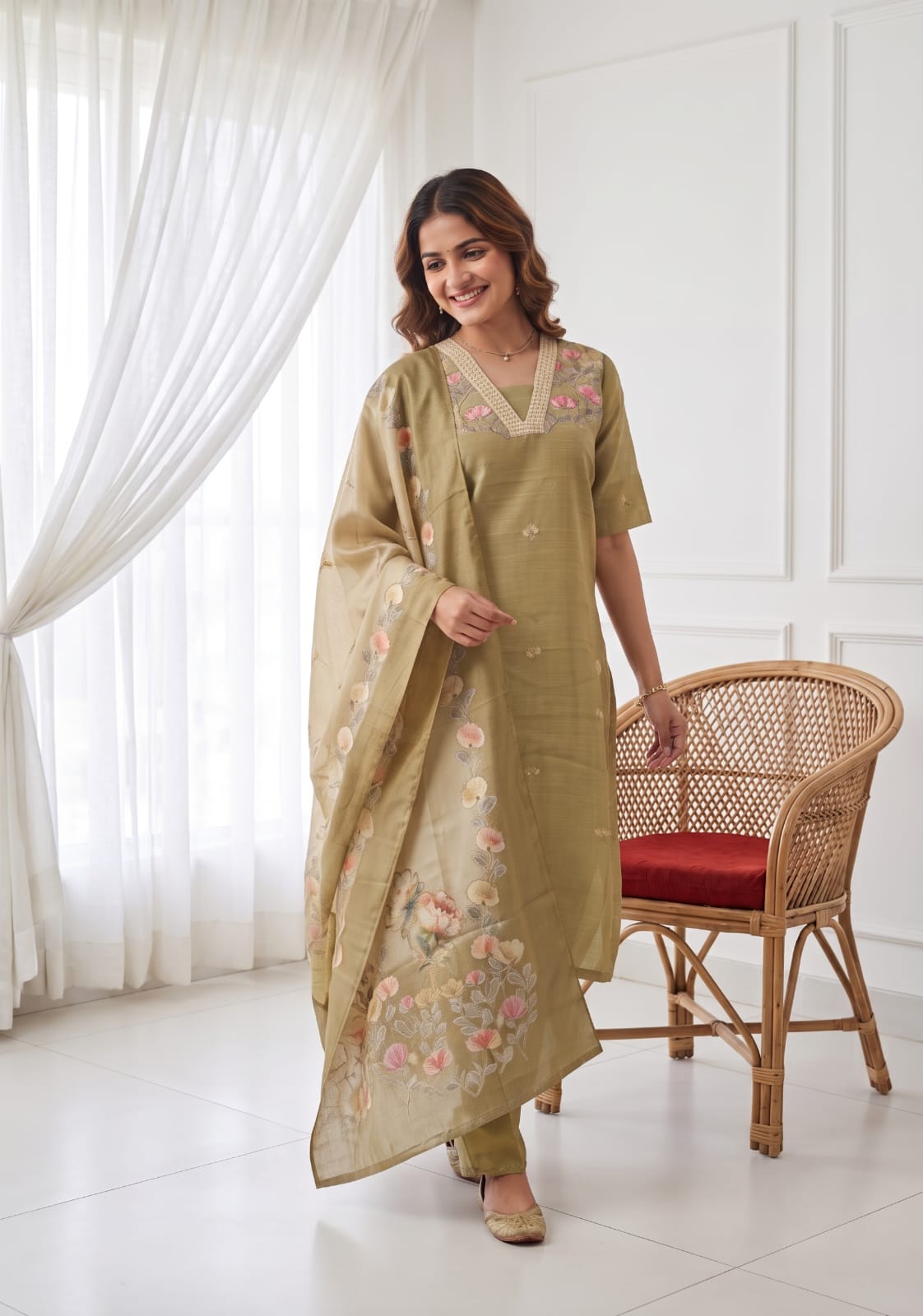 Classic Natural Yellow 3-Piece Tussar Silk Blend Floral Hand-Embroidered Kurta with Pant &amp; Dupatta