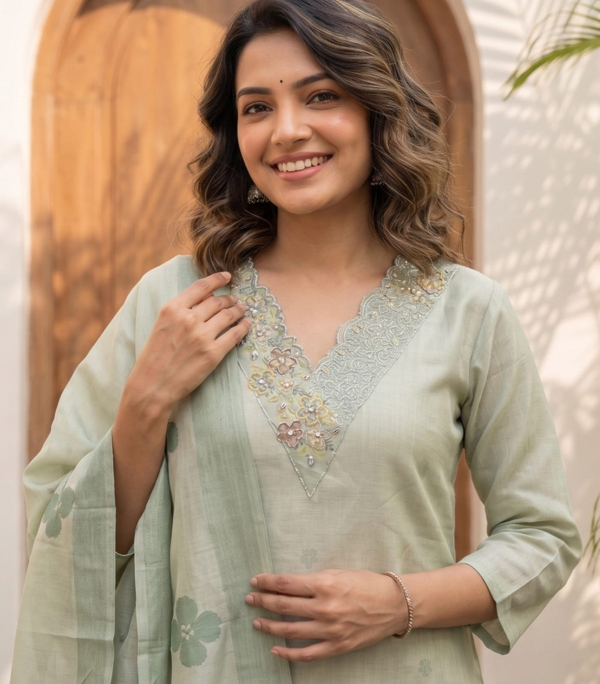 Willowshine Green Embroidery Organza Silk Kurta set with Dupatta