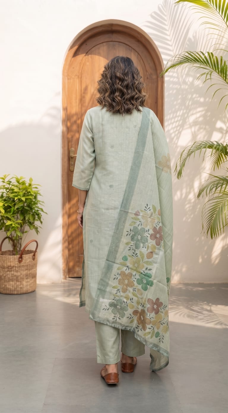Willowshine Green Embroidery Organza Silk Kurta set with Dupatta