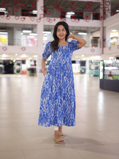 Indigo Ikat maternity wear dress for feeding