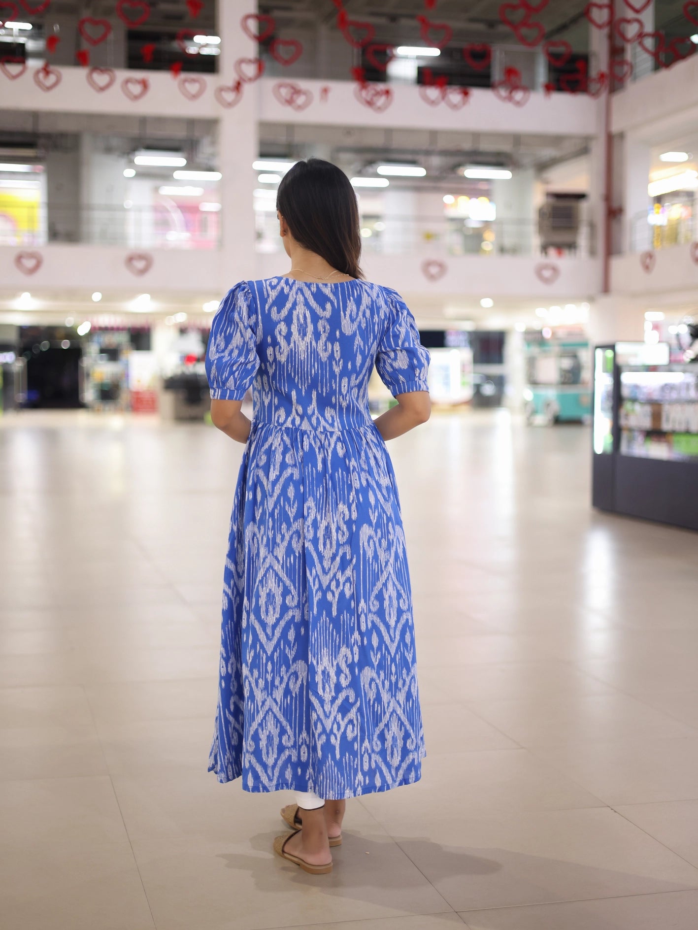 Indigo Ikat maternity wear dress for feeding