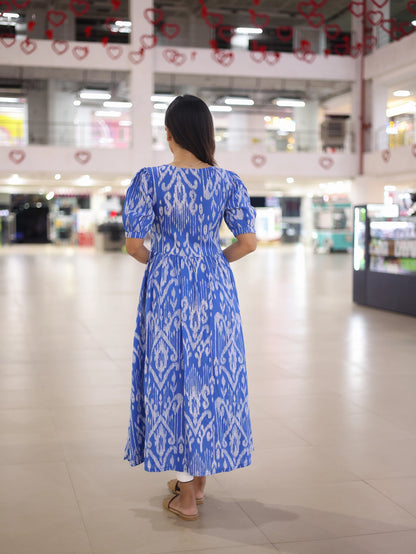 Indigo Ikat maternity wear dress for feeding