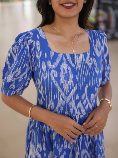 Indigo Ikat maternity wear dress for feeding